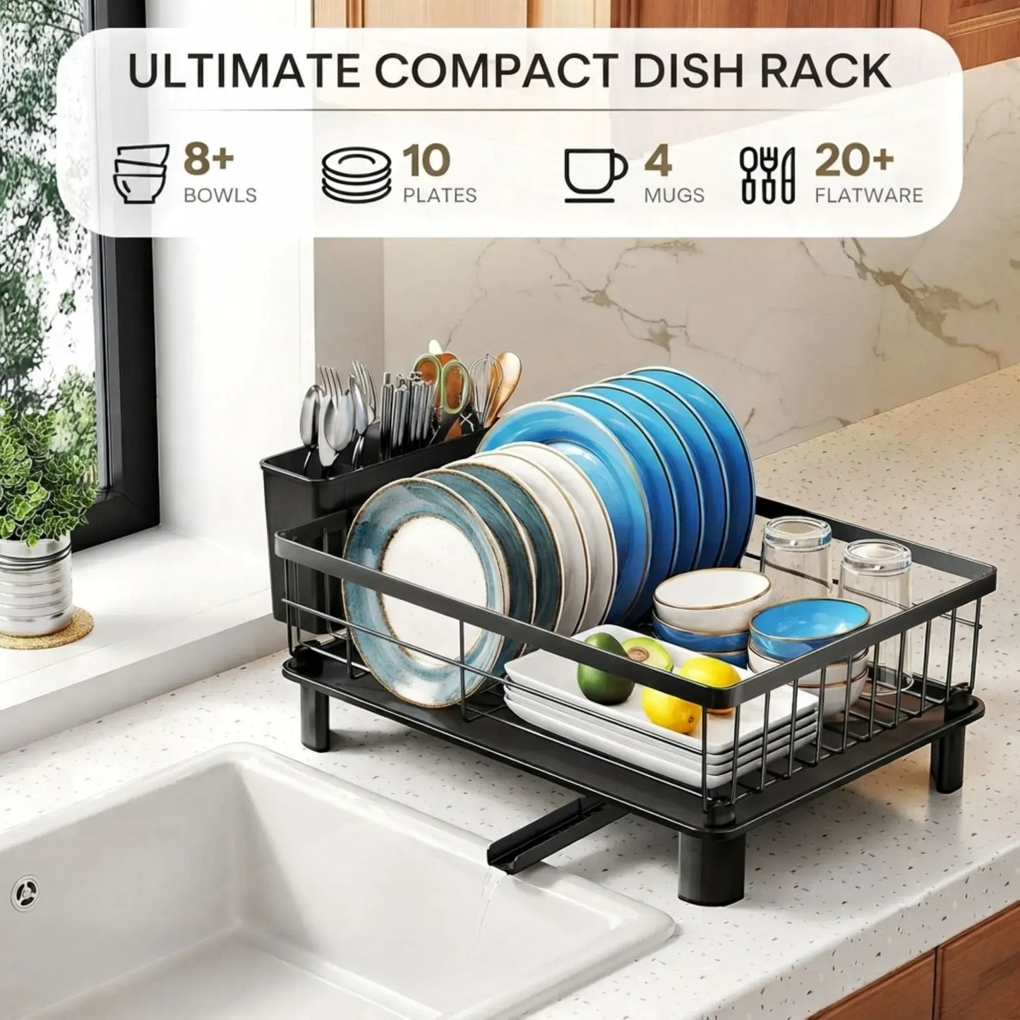CARLA HOME Dish Drying Rack with Drainboard & Utensil Holder for Kitchen (Black) - Image 2