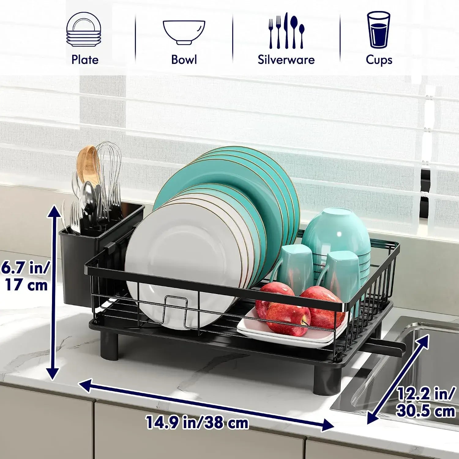 CARLA HOME Dish Drying Rack with Drainboard & Utensil Holder for Kitchen (Black) - Image 3