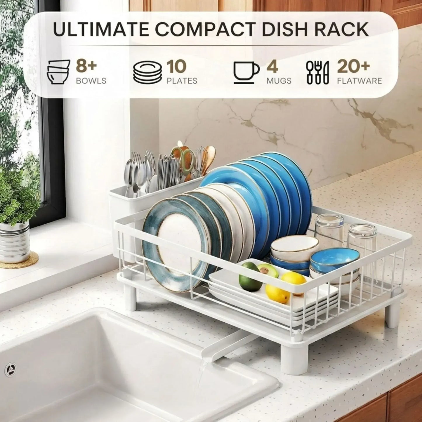 CARLA HOME Dish Drying Rack with Drainboard & Utensil Holder for Kitchen (White) - Image 2