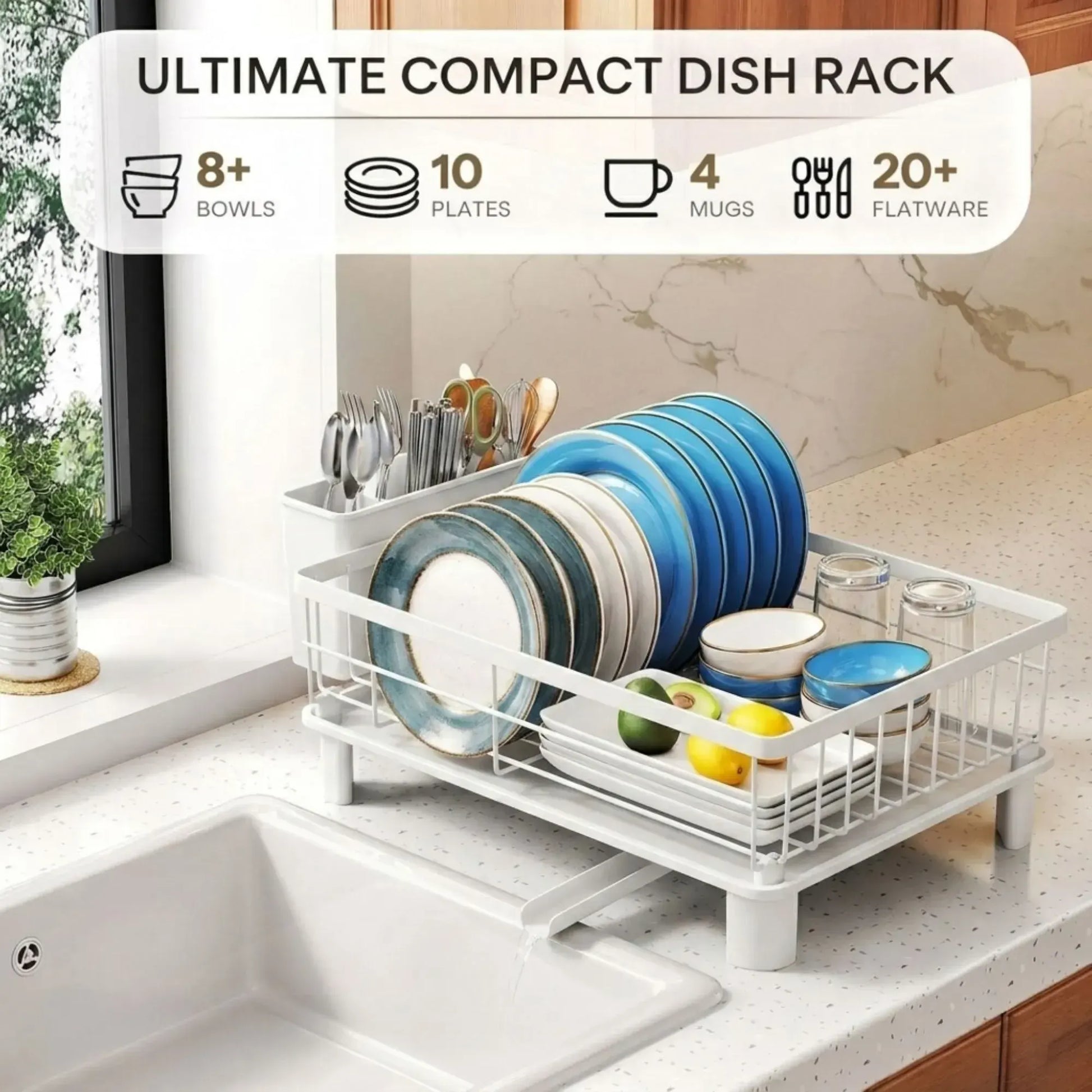 CARLA HOME Dish Drying Rack with Drainboard & Utensil Holder for Kitchen (White) - Image 2