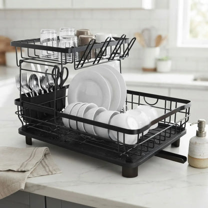 CARLA HOME 2 tier Dish Drying Rack with Drainboard & Utensil Holder for Kitchen (Black)