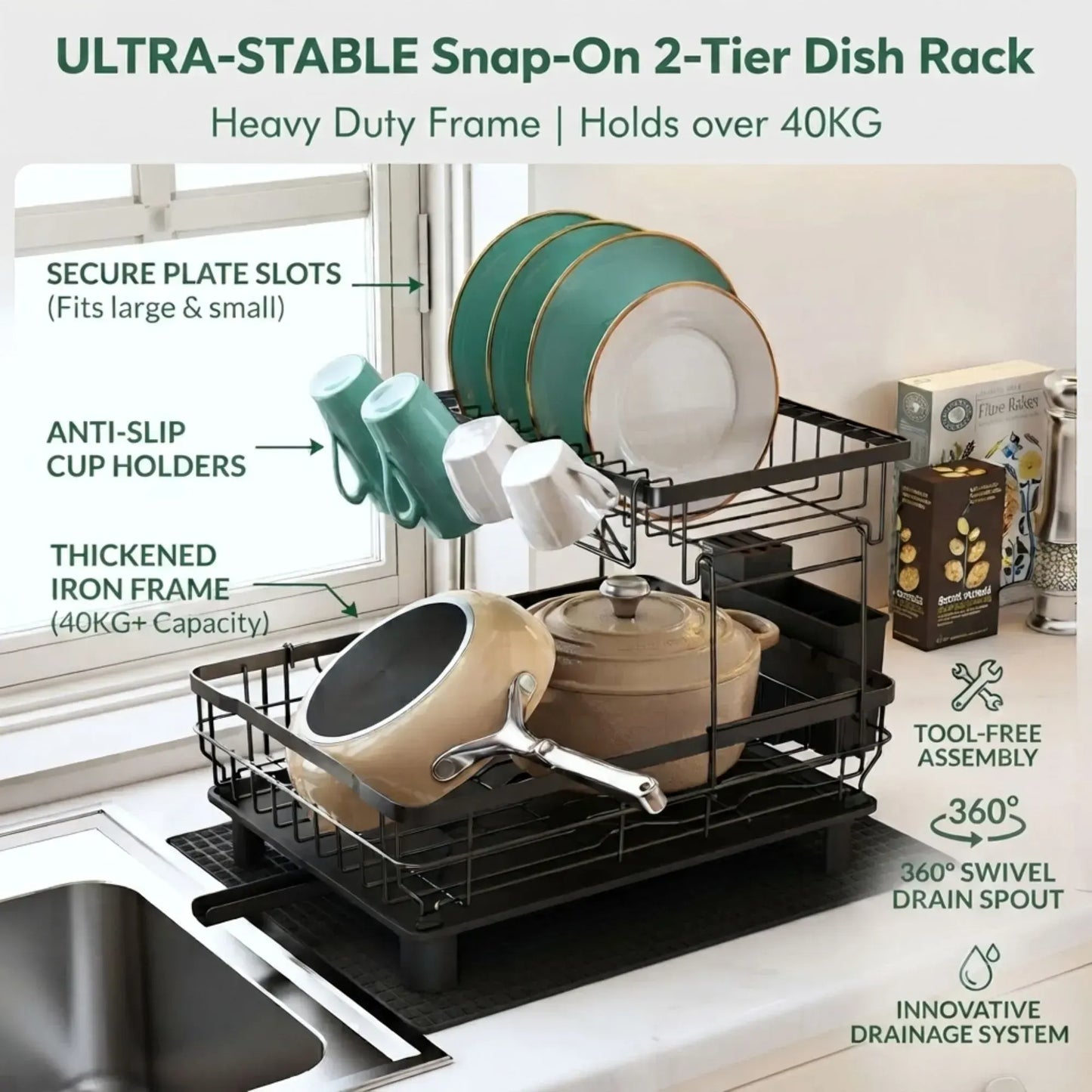 CARLA HOME 2 tier Dish Drying Rack with Drainboard & Utensil Holder for Kitchen (Black) - Image 2