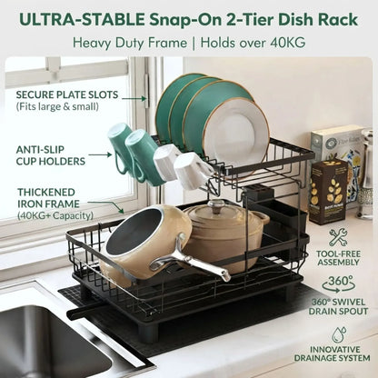 CARLA HOME 2 tier Dish Drying Rack with Drainboard & Utensil Holder for Kitchen (Black) - Image 2