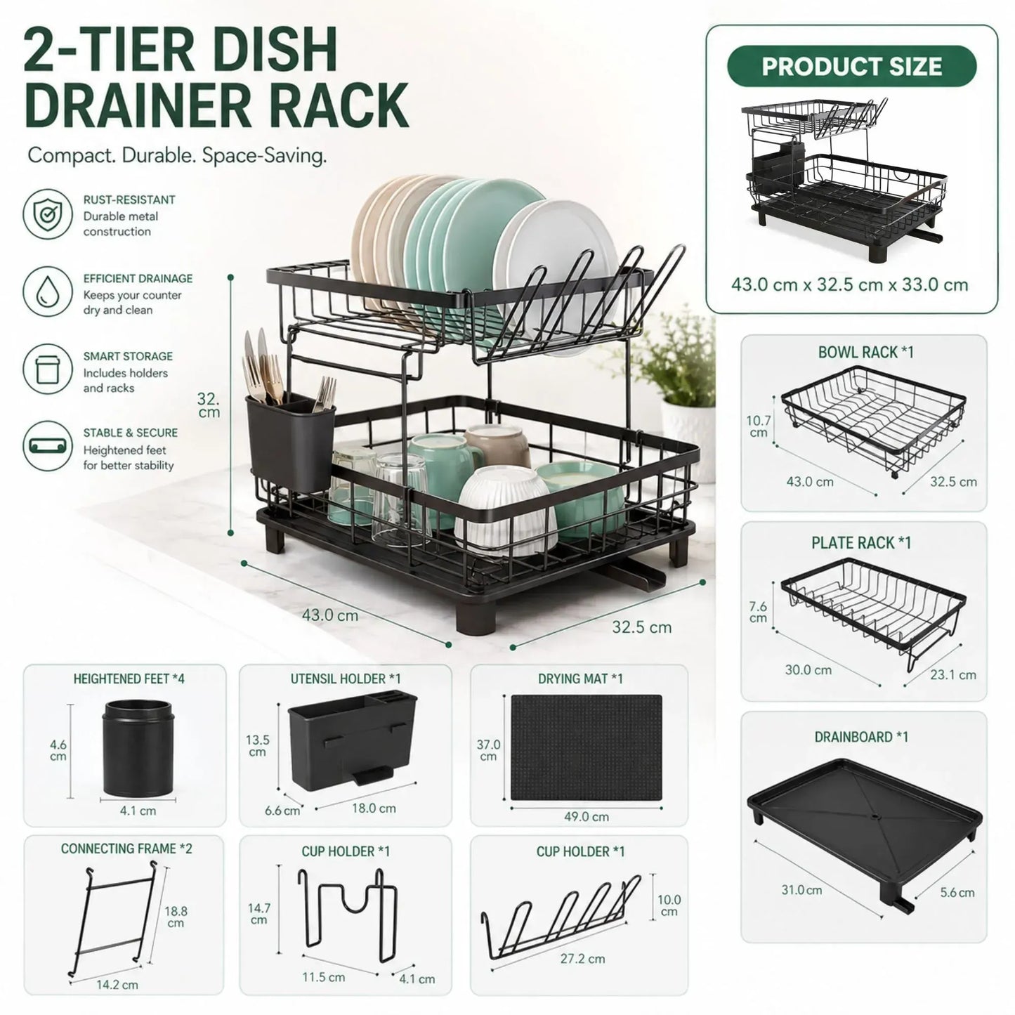 CARLA HOME 2 tier Dish Drying Rack with Drainboard & Utensil Holder for Kitchen (Black) - Image 3
