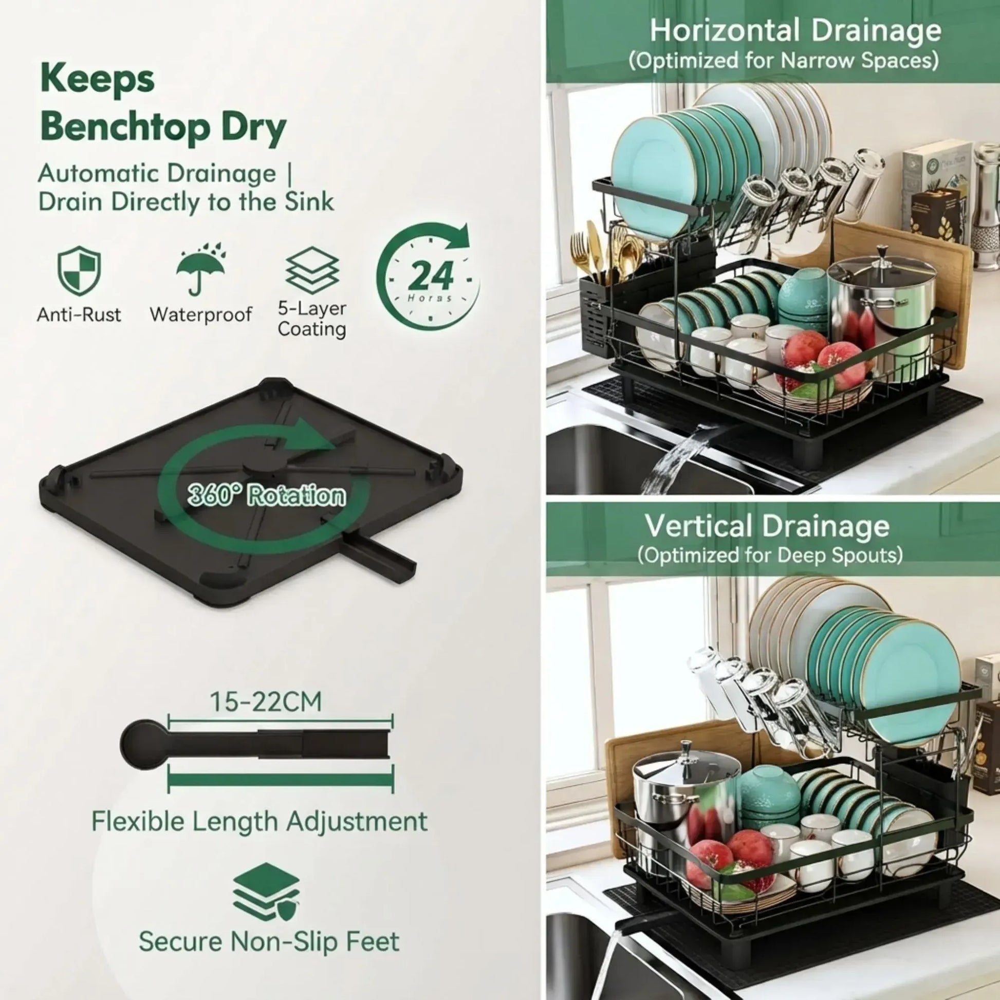 CARLA HOME 2 tier Dish Drying Rack with Drainboard & Utensil Holder for Kitchen (Black) - Image 4