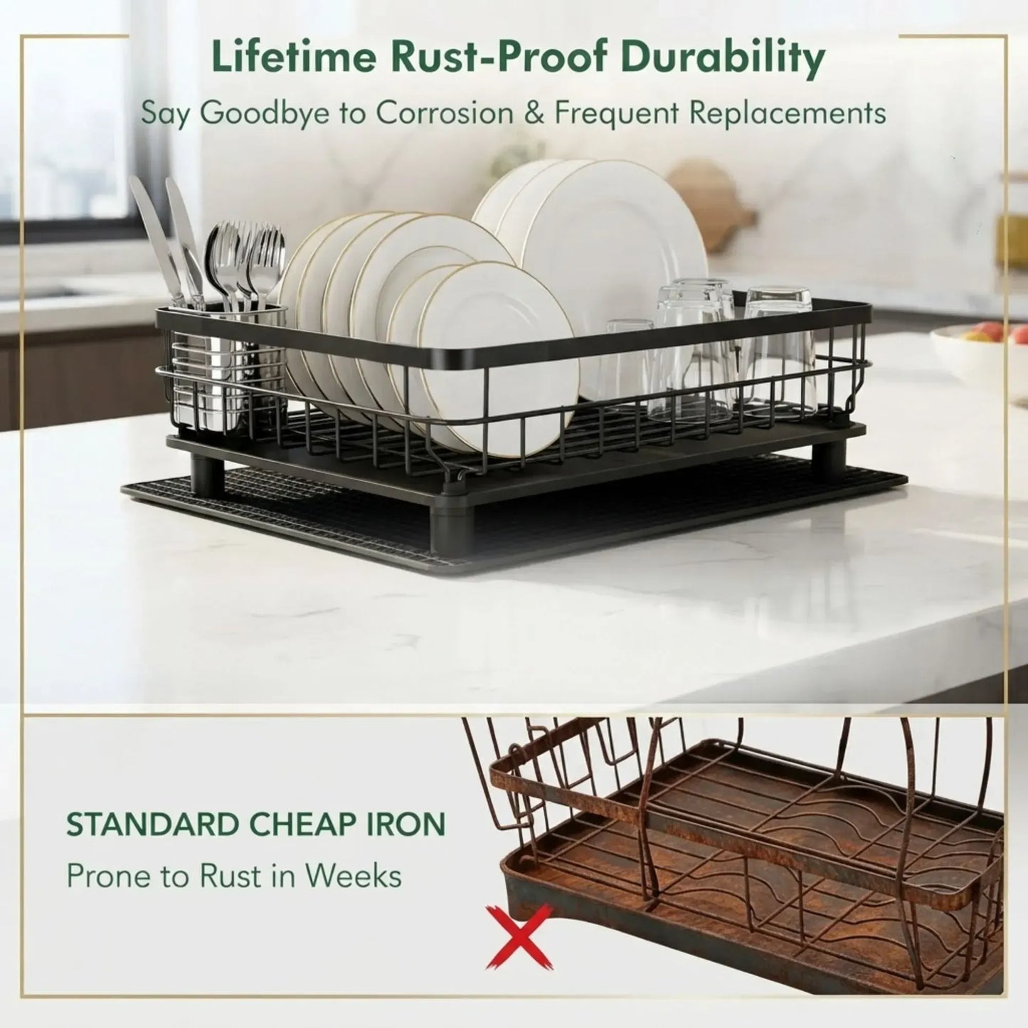 CARLA HOME 2 tier Dish Drying Rack with Drainboard & Utensil Holder for Kitchen (Black) - Image 5