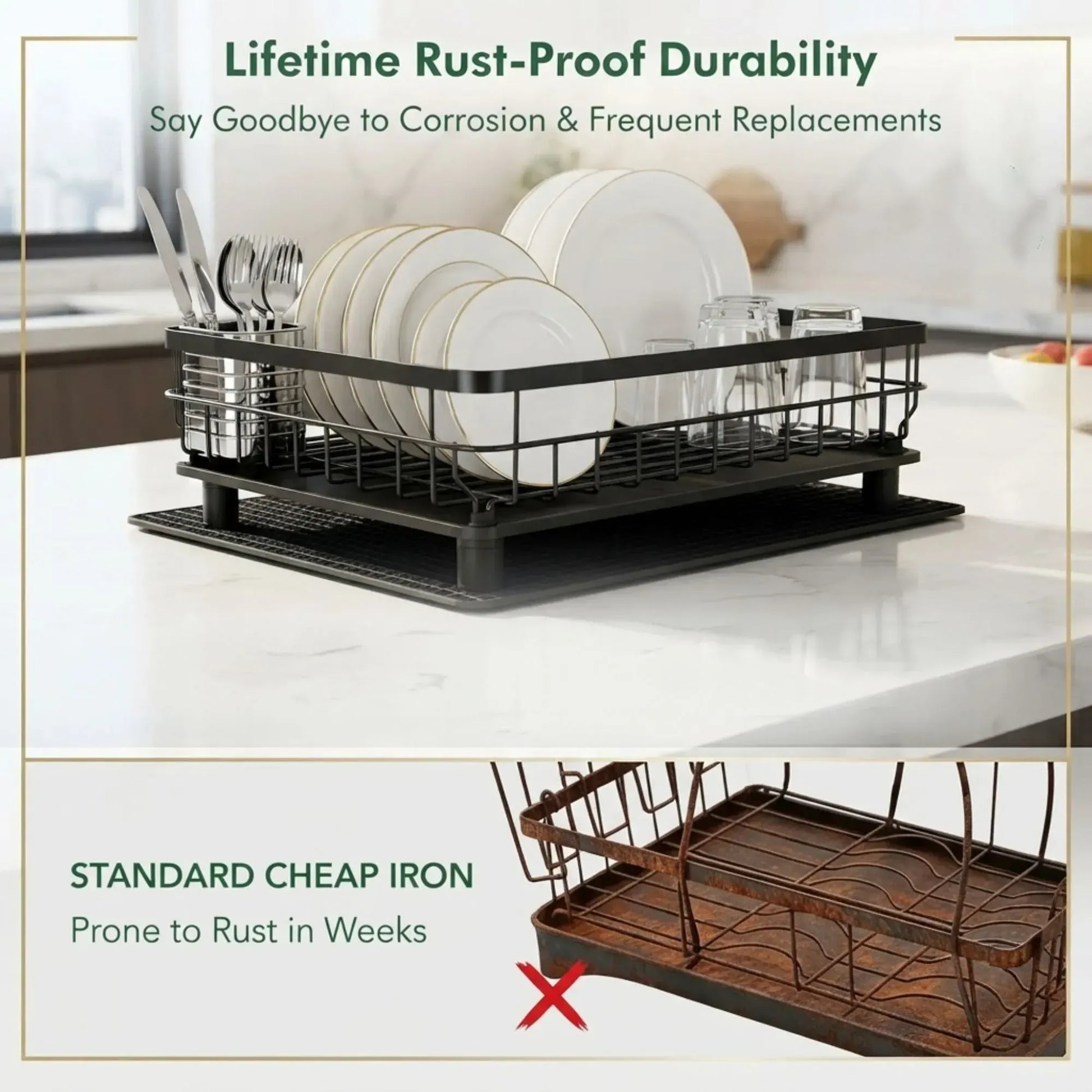 CARLA HOME 2 tier Dish Drying Rack with Drainboard & Utensil Holder for Kitchen (Black) - Image 5