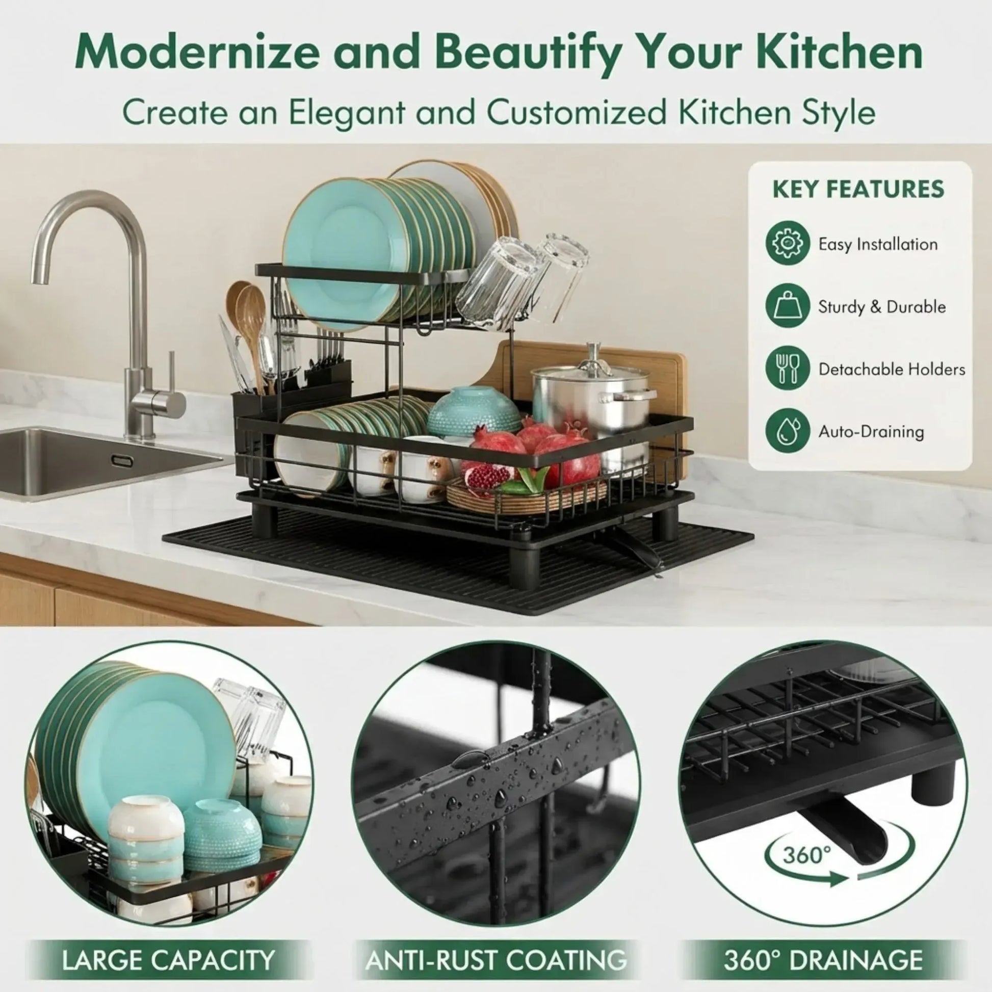CARLA HOME 2 tier Dish Drying Rack with Drainboard & Utensil Holder for Kitchen (Black) - Image 7