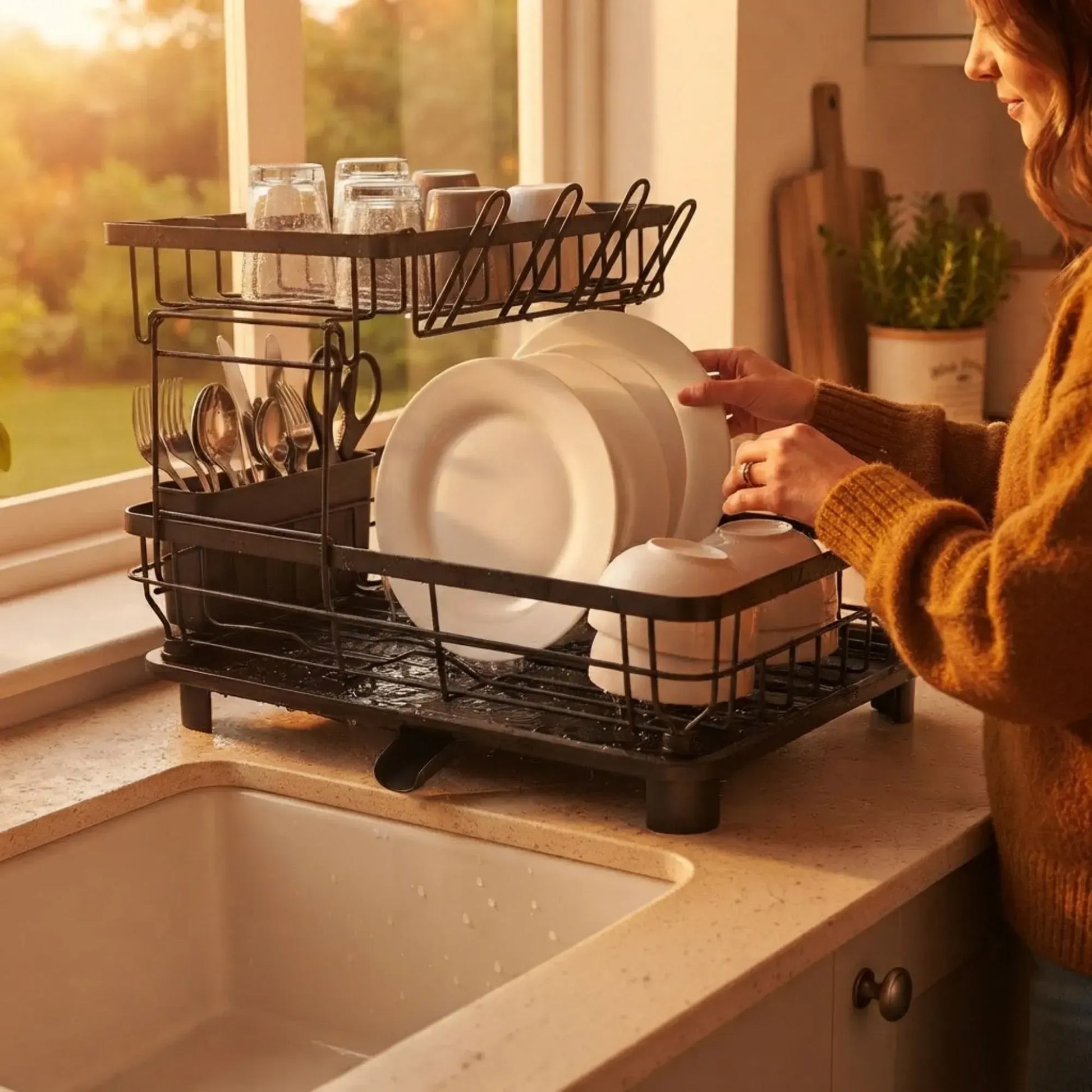 CARLA HOME 2 tier Dish Drying Rack with Drainboard & Utensil Holder for Kitchen (Black) - Image 8