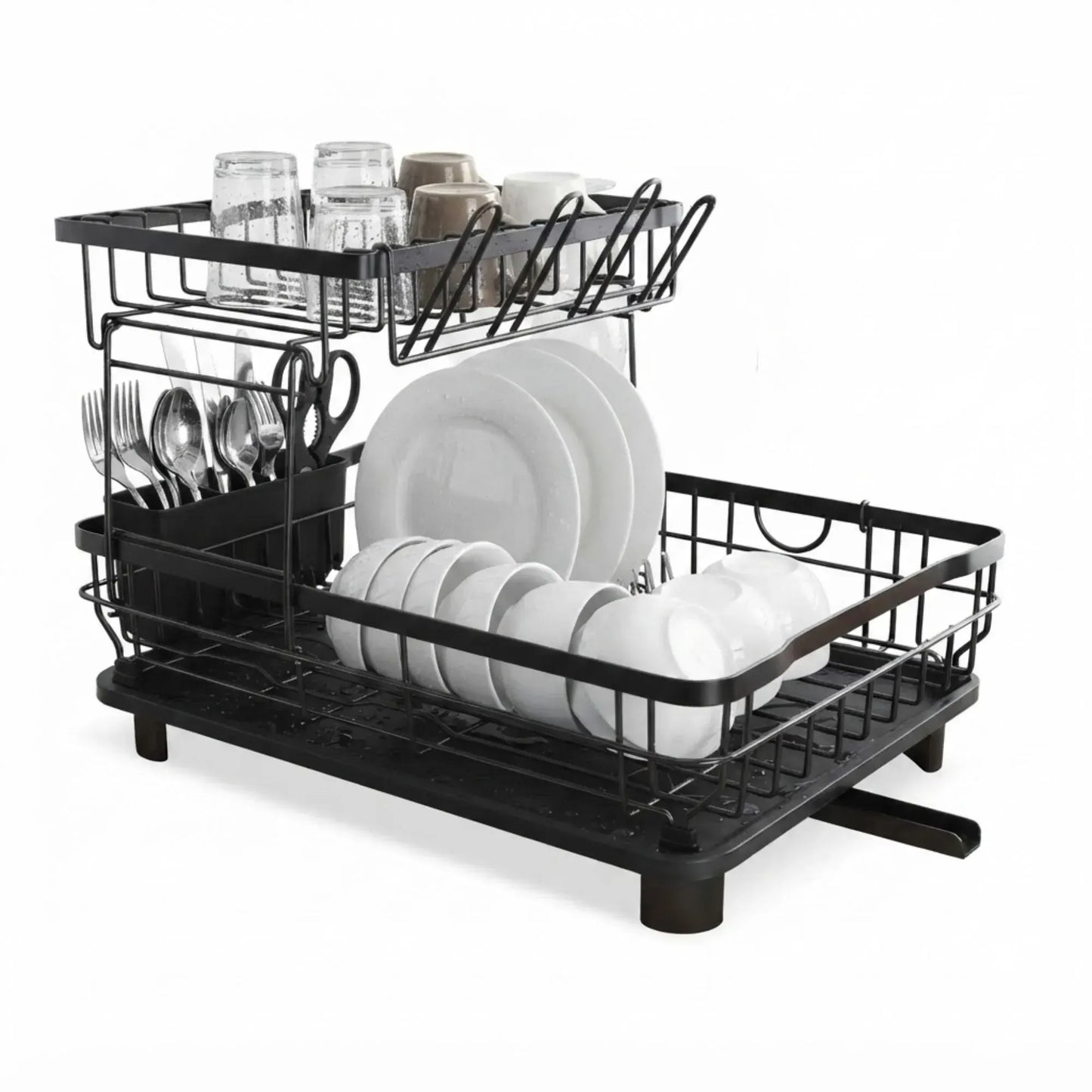 CARLA HOME 2 tier Dish Drying Rack with Drainboard & Utensil Holder for Kitchen (Black) - Image 9