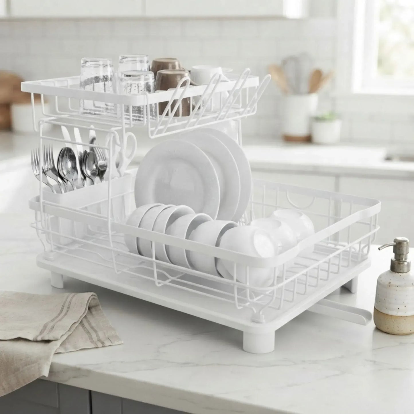 CARLA HOME 2 tier Dish Drying Rack with Drainboard & Utensil Holder for Kitchen (White)
