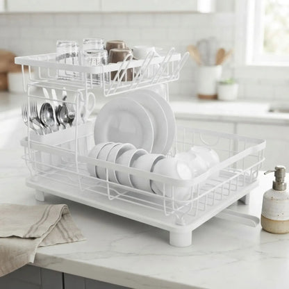 CARLA HOME 2 tier Dish Drying Rack with Drainboard & Utensil Holder for Kitchen (White)