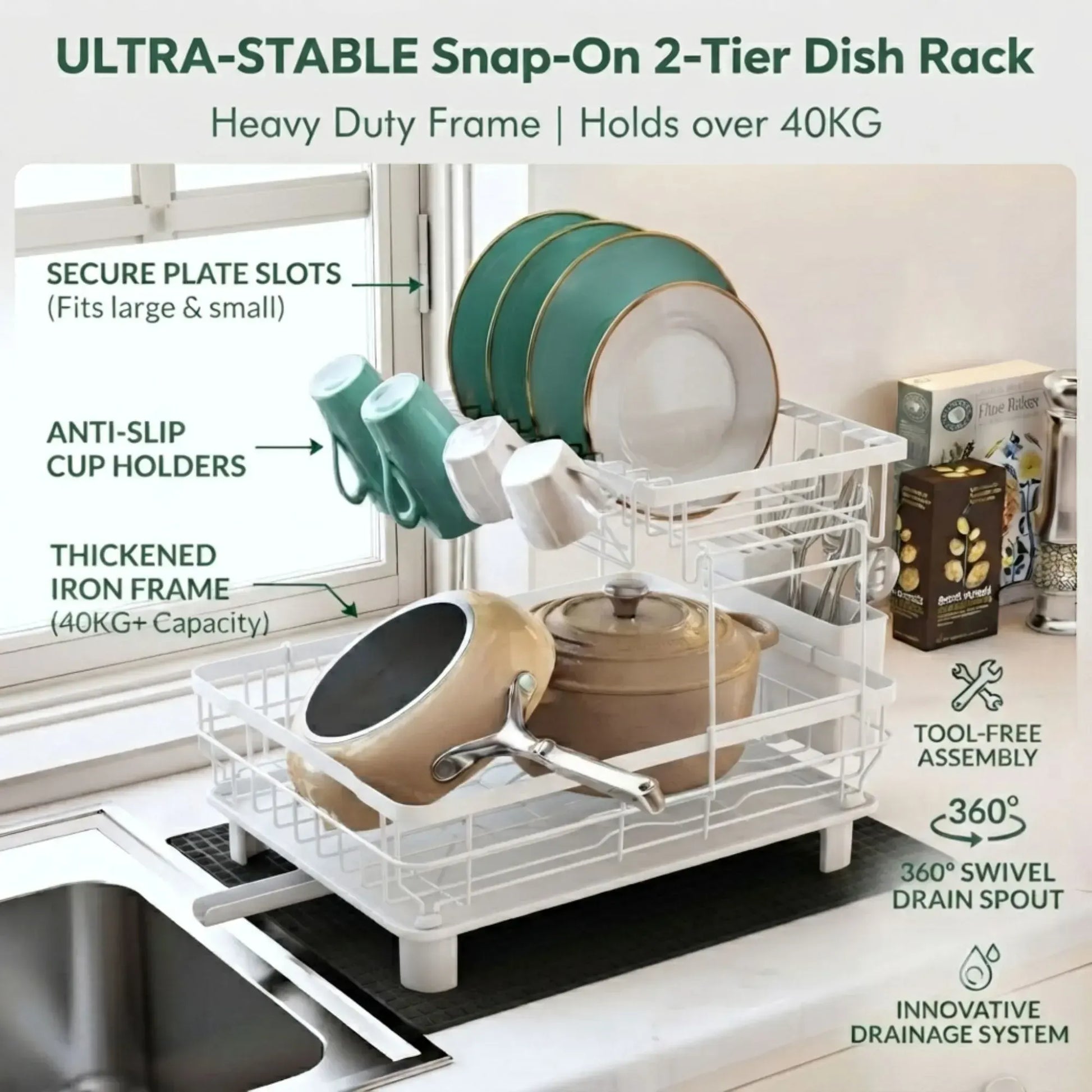 CARLA HOME 2 tier Dish Drying Rack with Drainboard & Utensil Holder for Kitchen (White) - Image 2