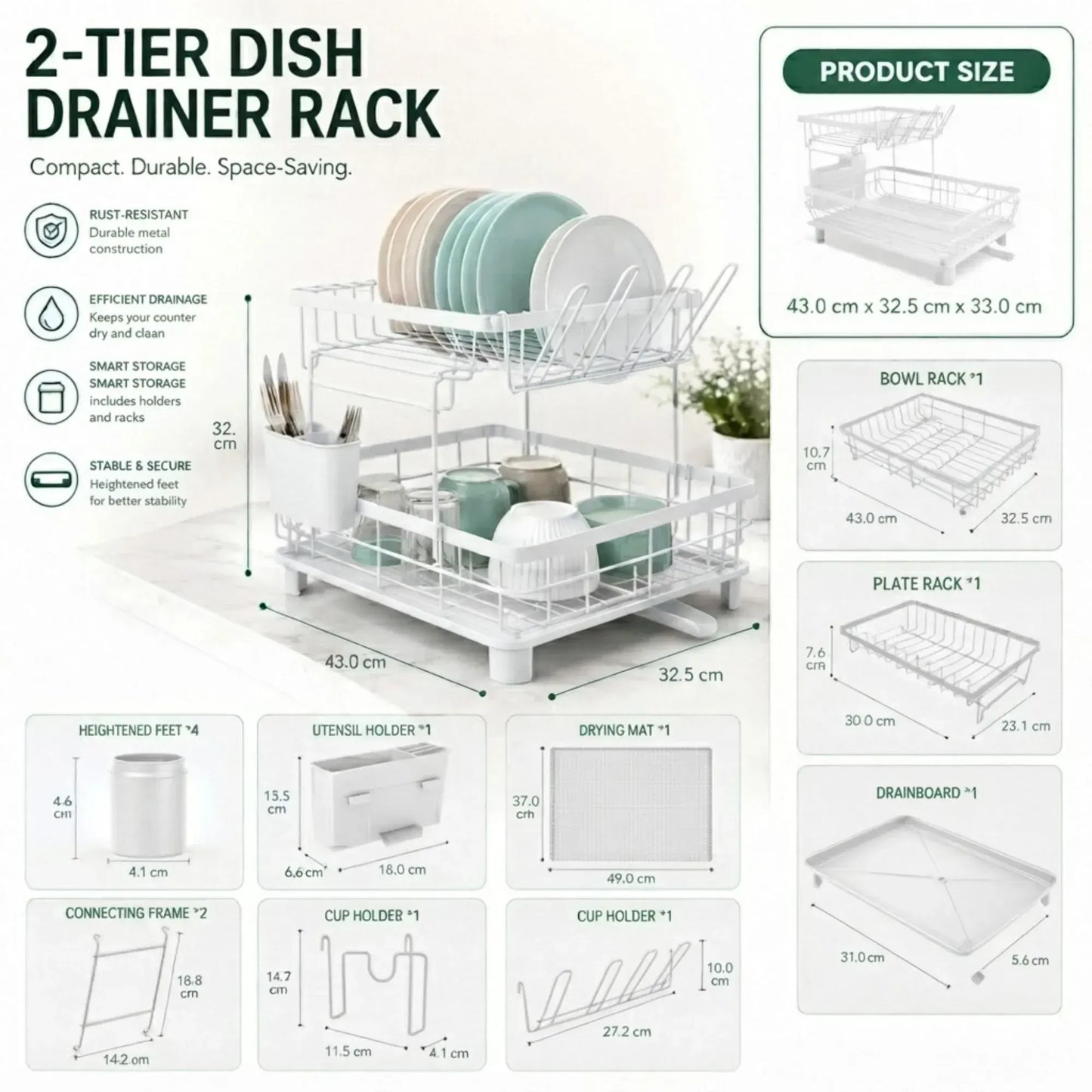 CARLA HOME 2 tier Dish Drying Rack with Drainboard & Utensil Holder for Kitchen (White) - Image 3