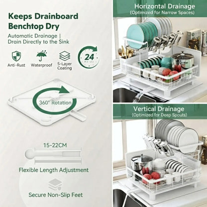CARLA HOME 2 tier Dish Drying Rack with Drainboard & Utensil Holder for Kitchen (White) - Image 4