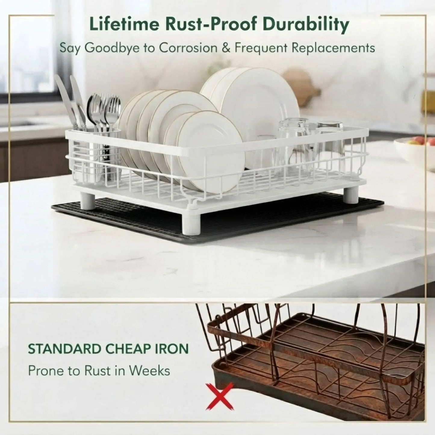 CARLA HOME 2 tier Dish Drying Rack with Drainboard & Utensil Holder for Kitchen (White) - Image 5