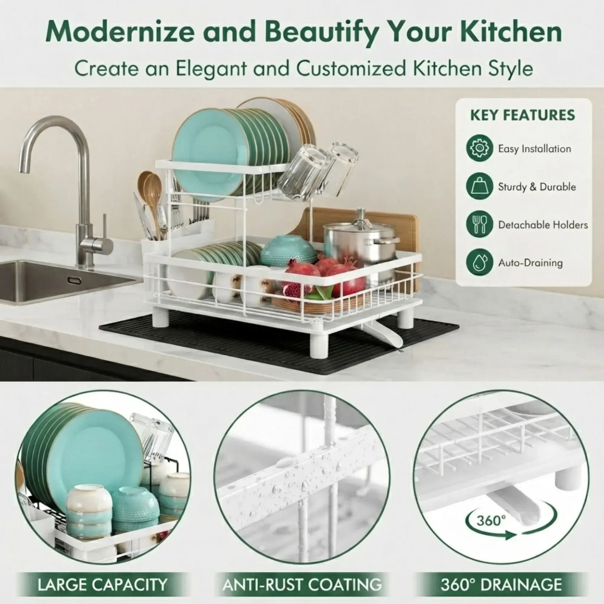 CARLA HOME 2 tier Dish Drying Rack with Drainboard & Utensil Holder for Kitchen (White) - Image 6