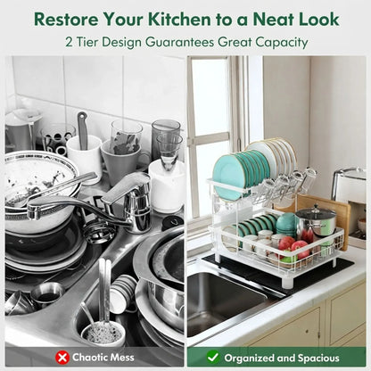 CARLA HOME 2 tier Dish Drying Rack with Drainboard & Utensil Holder for Kitchen (White) - Image 7