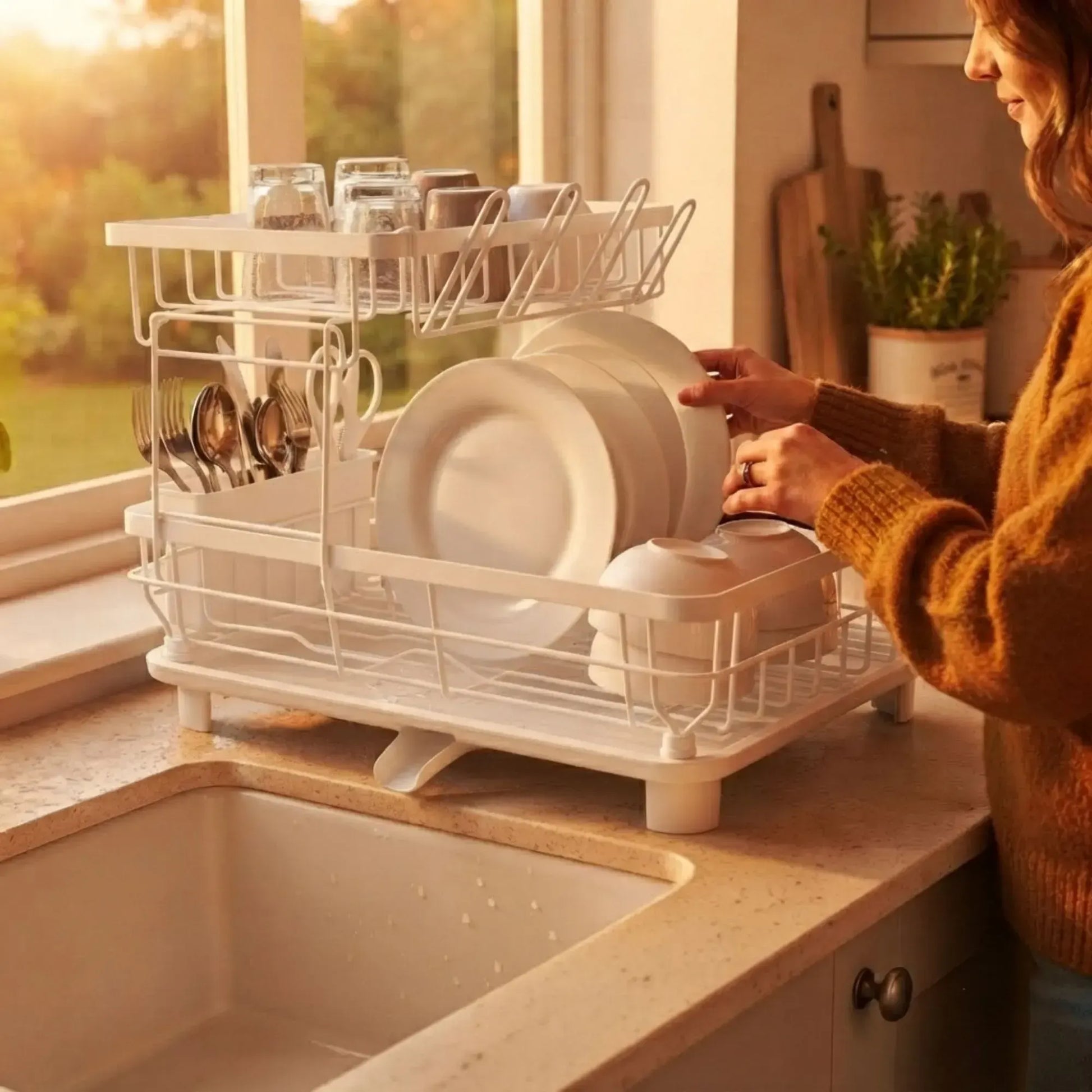 CARLA HOME 2 tier Dish Drying Rack with Drainboard & Utensil Holder for Kitchen (White) - Image 8