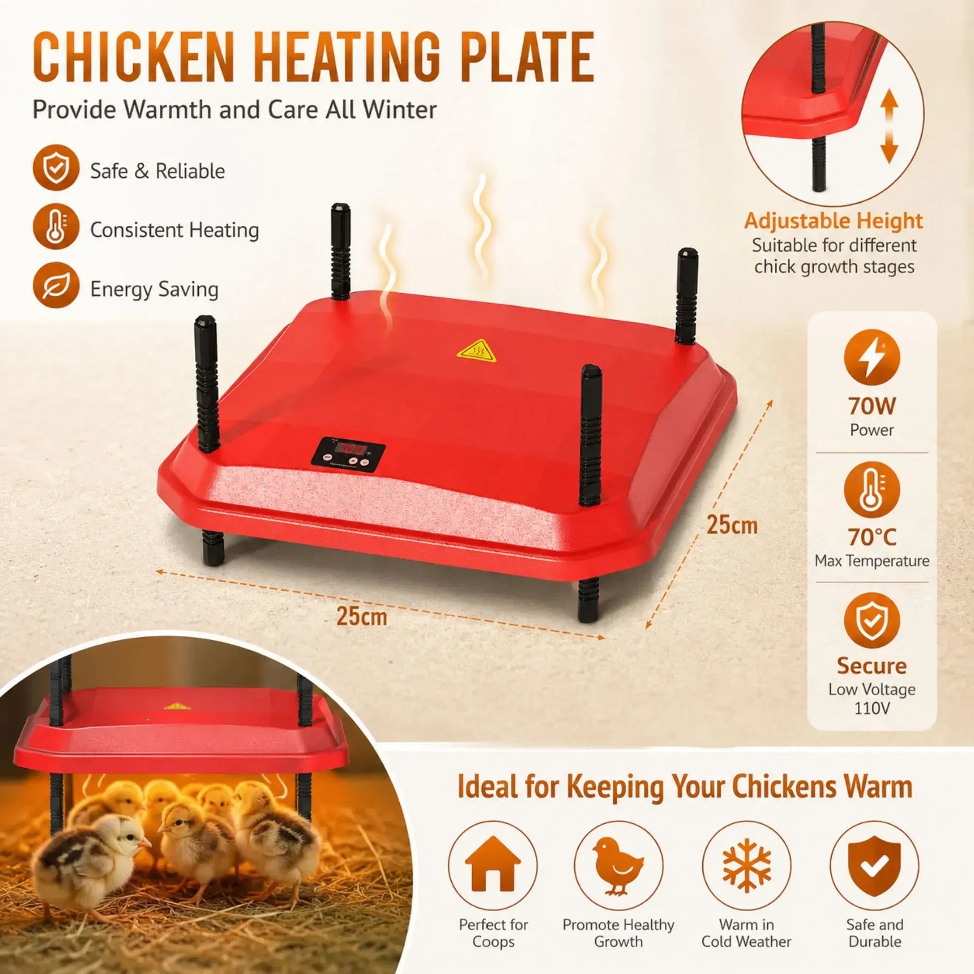 CARLA HOME Chick Brooder Heating Plate - Adjustable Height - Red - Chicken Heater - Image 3