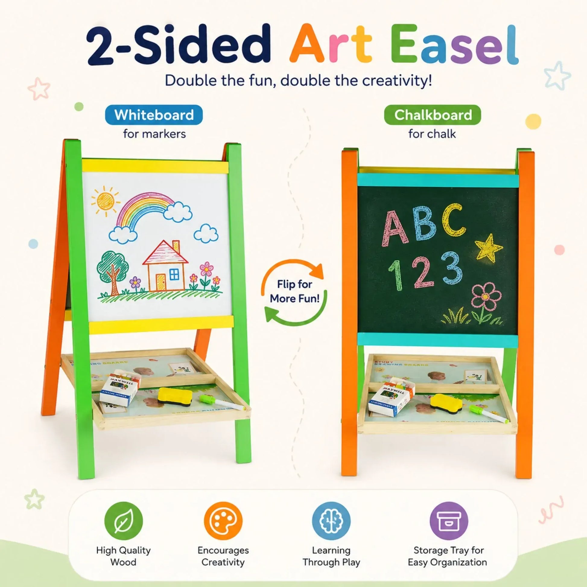 CARLA HOME Kids Art Easel, Double-Sided Chalkboard Whiteboard, Multicolour - Image 4