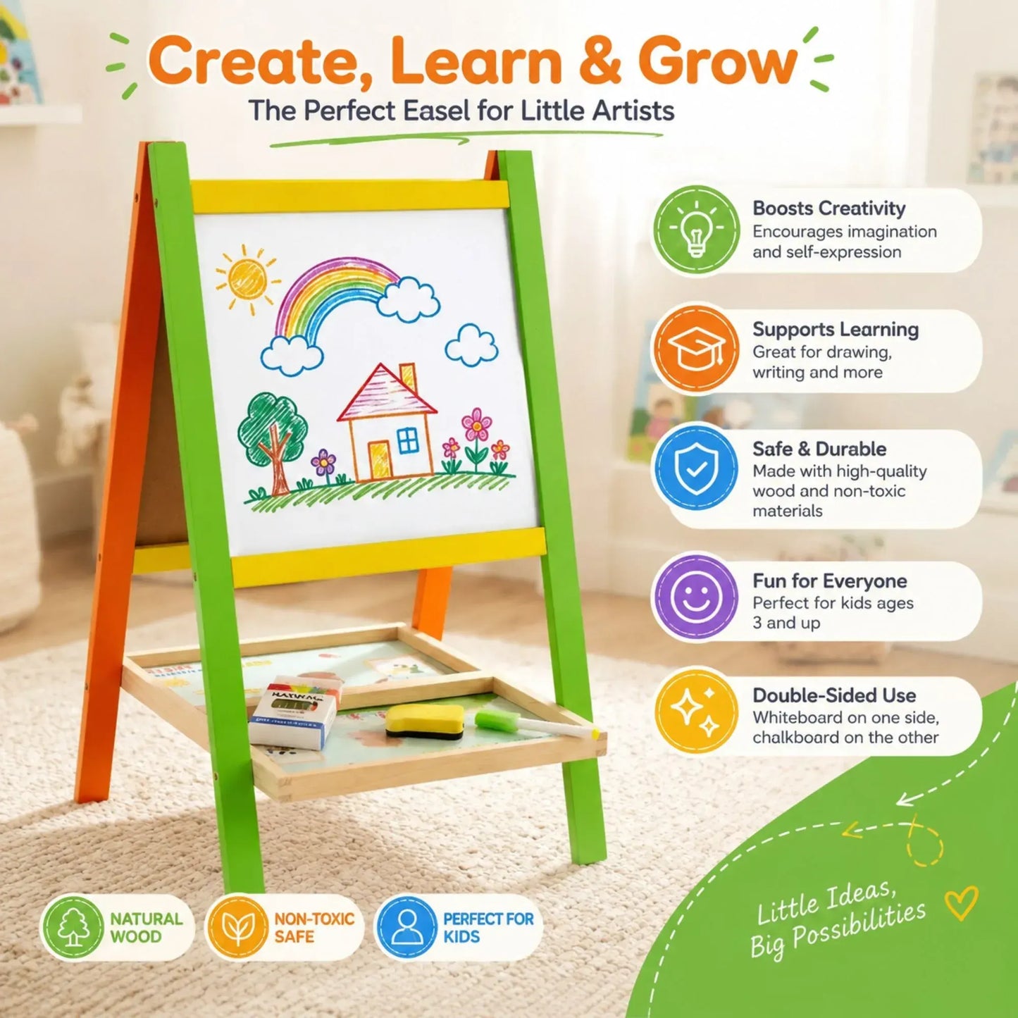 CARLA HOME Kids Art Easel, Double-Sided Chalkboard Whiteboard, Multicolour - Image 5