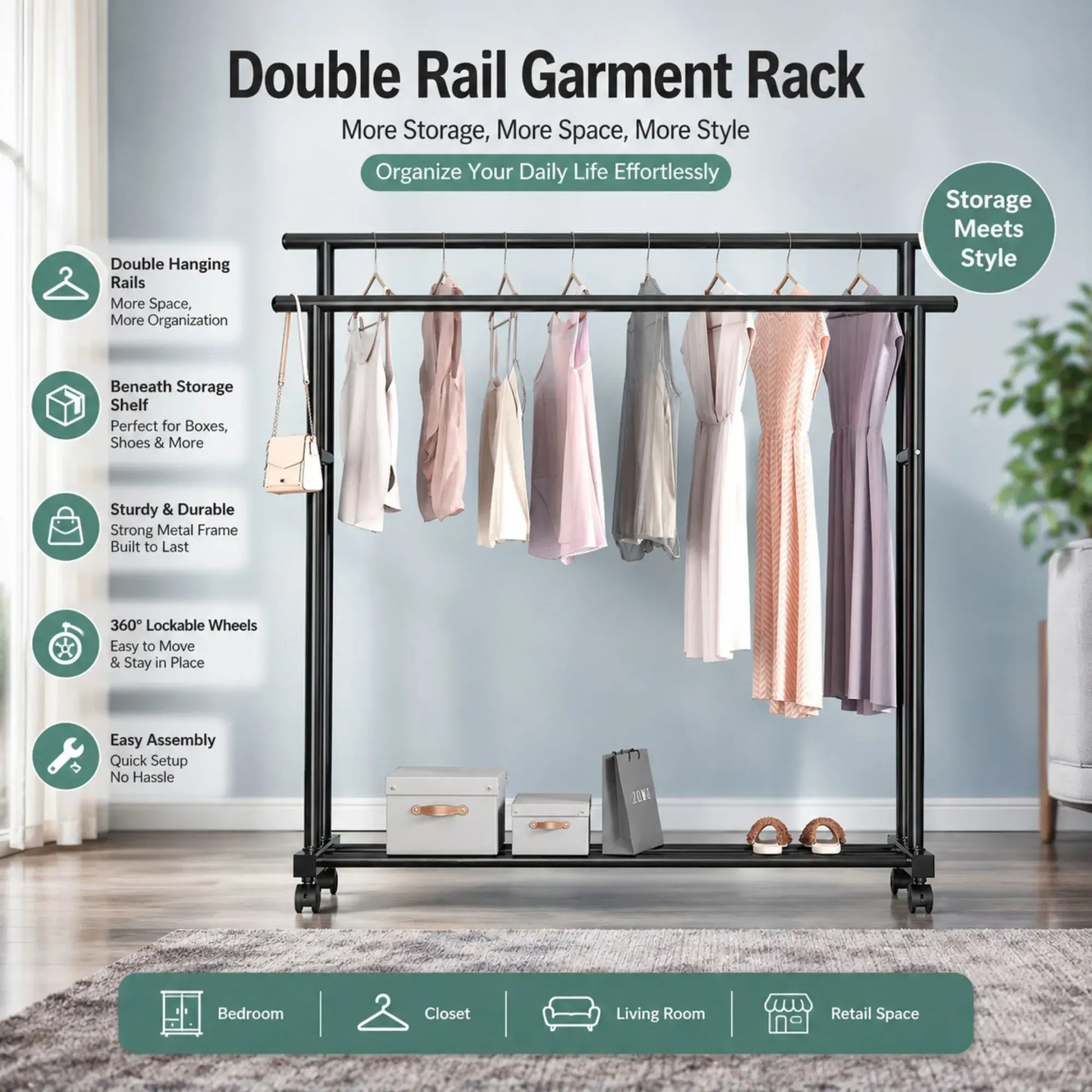 CARLA HOME Double Rod Clothes Rack with Wheels, Metal, Portable Wardrobe Rack - Image 3