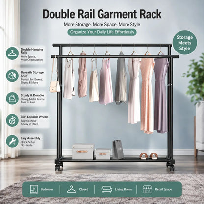 CARLA HOME Double Rod Clothes Rack with Wheels, Metal, Portable Wardrobe Rack - Image 3