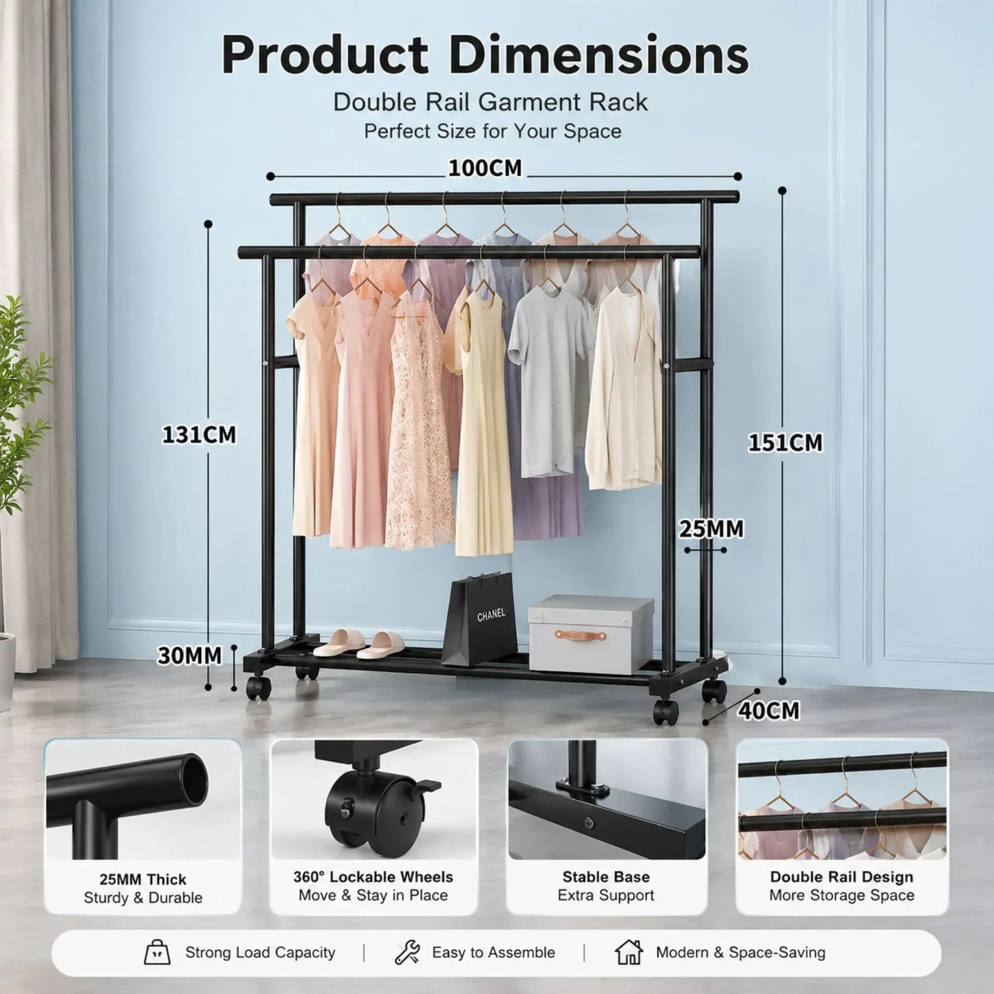CARLA HOME Double Rod Clothes Rack with Wheels, Metal, Portable Wardrobe Rack - Image 4