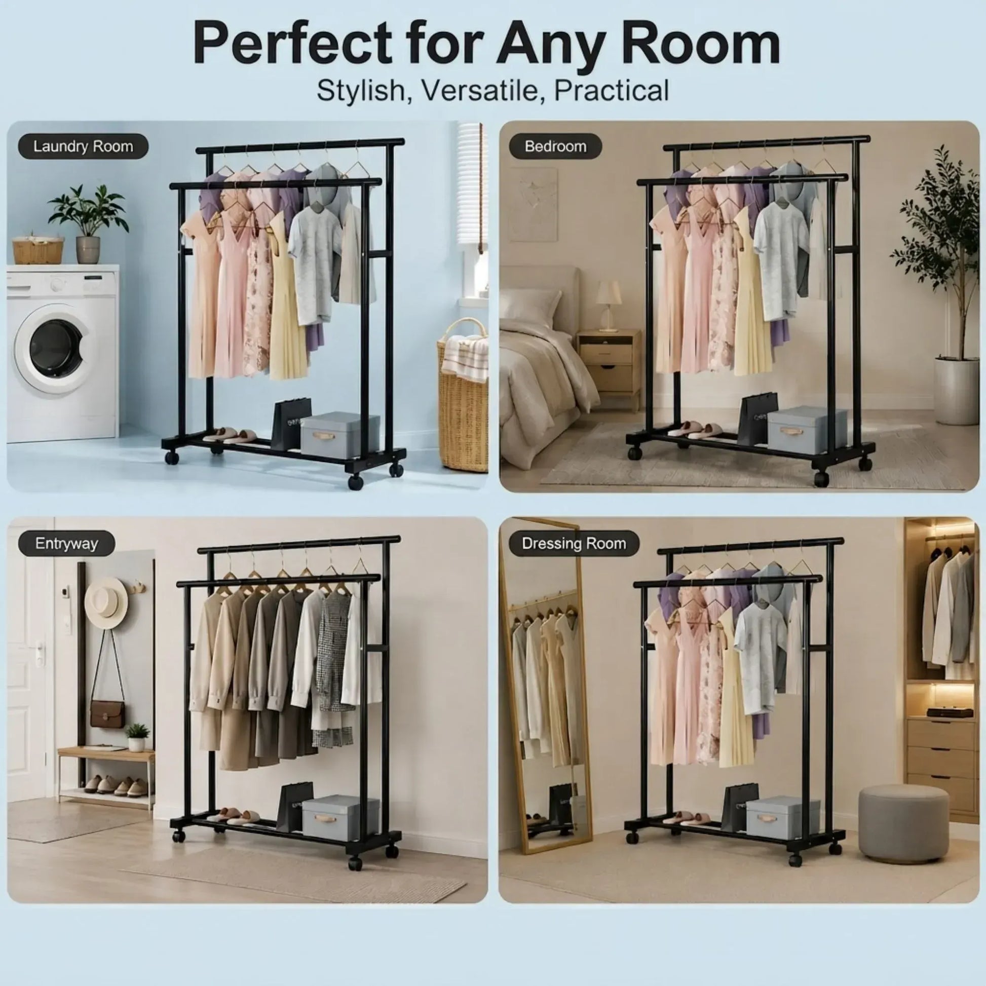 CARLA HOME Double Rod Clothes Rack with Wheels, Metal, Portable Wardrobe Rack - Image 7