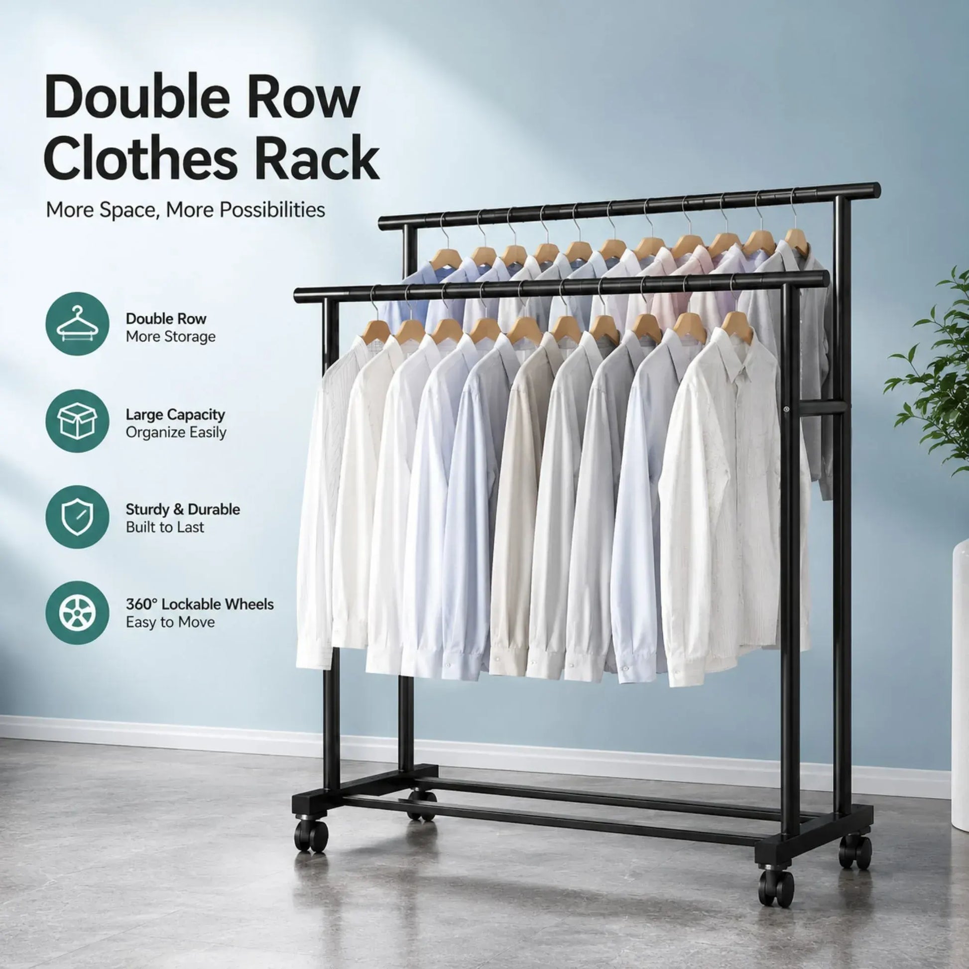 CARLA HOME Double Rod Clothes Rack with Wheels, Metal, Portable Wardrobe Rack - Image 8