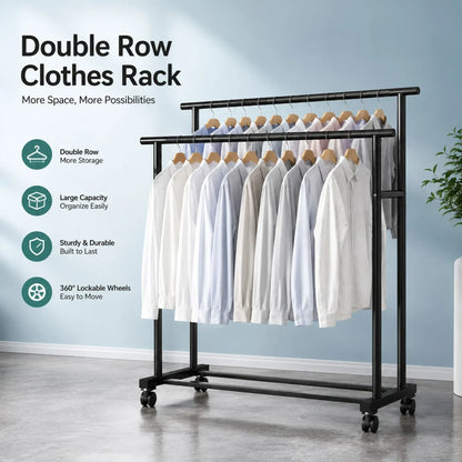CARLA HOME Double Rod Clothes Rack with Wheels, Metal, Portable Wardrobe Rack - Image 8