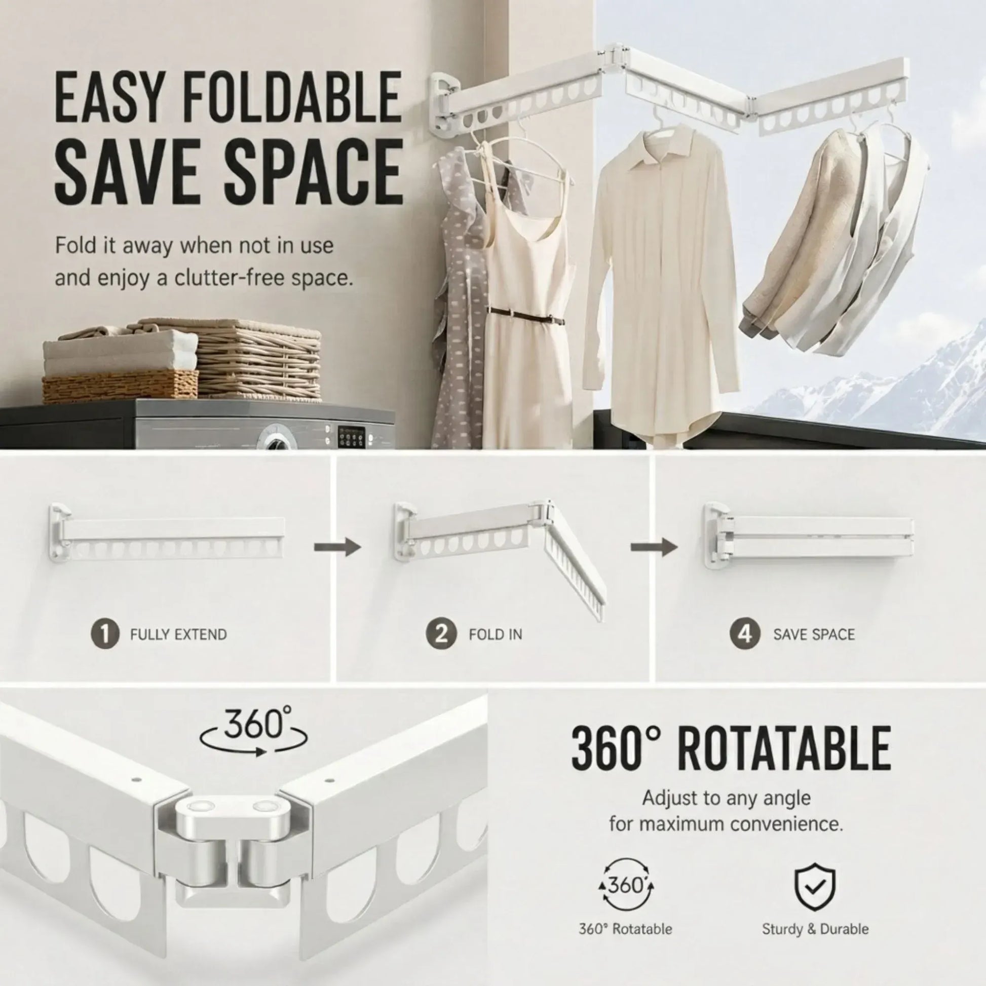 CARLA HOME 3-Fold Wall Mounted Clothes Drying Rack, Laundry Space Saver, White - Image 4