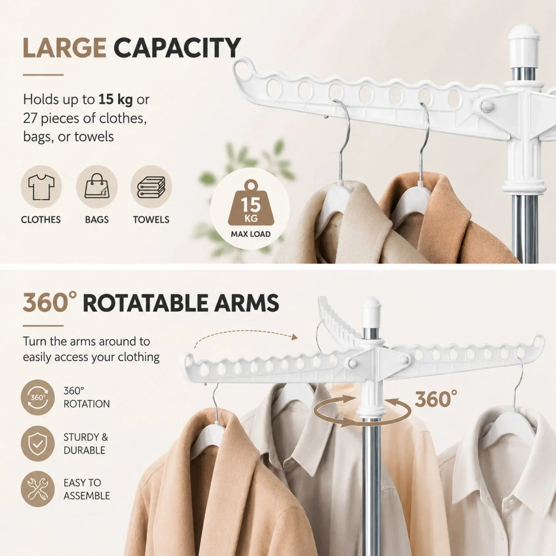 CARLA HOME Folding Clothes Drying Rack, 3 Rotatable Arms, Stainless Steel - Image 5