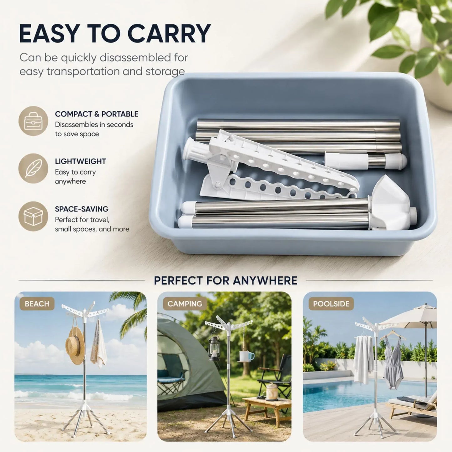 CARLA HOME Folding Clothes Drying Rack, 3 Rotatable Arms, Stainless Steel - Image 7