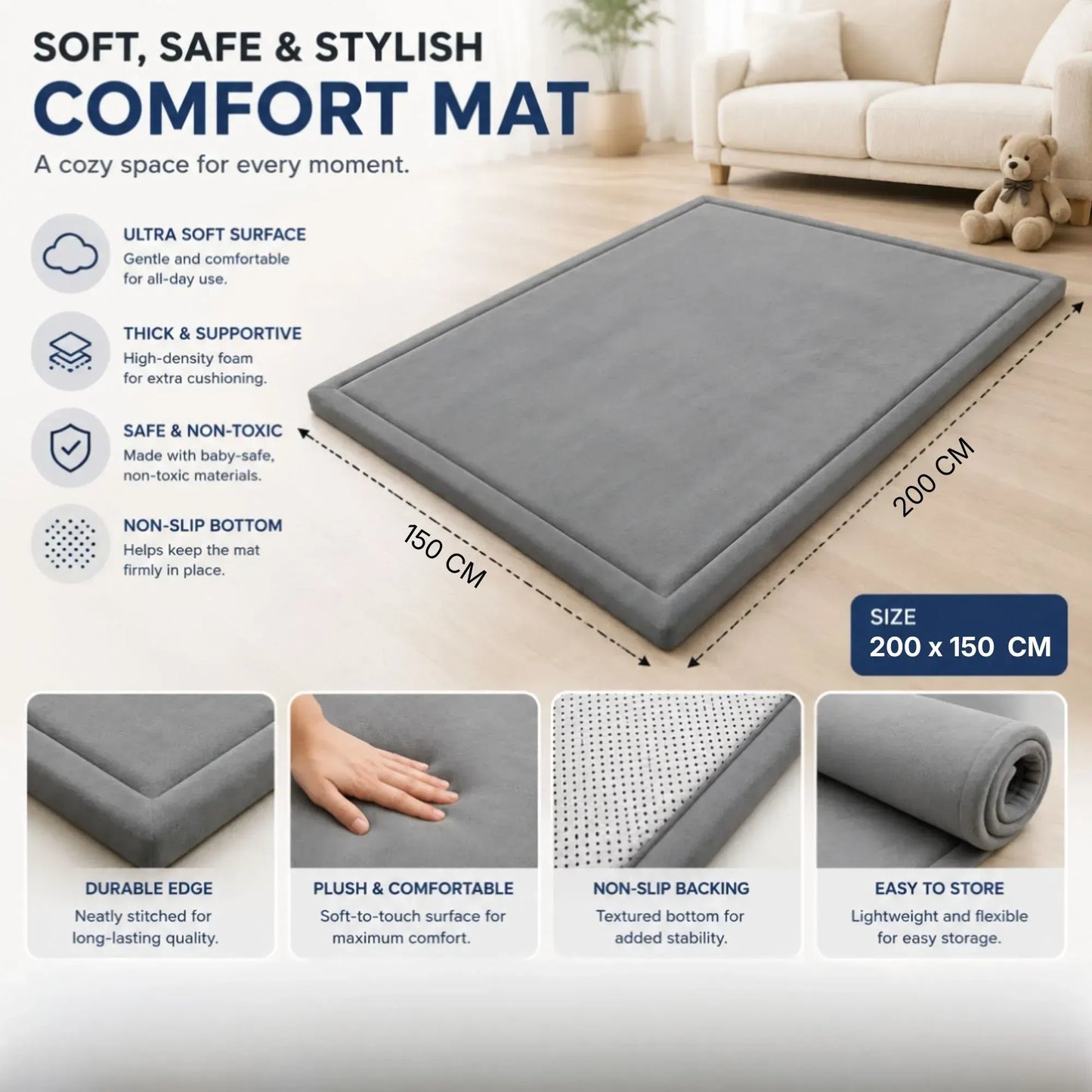 CARLA HOME Baby Play Mat 150x200cm, Thick Foam Crawling Mat, Infants, Grey - Image 4
