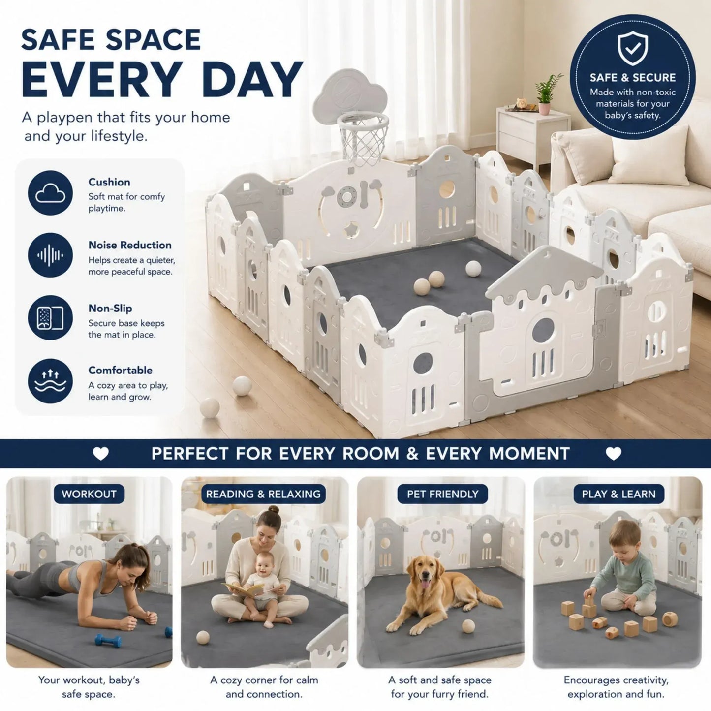 CARLA HOME Baby Play Mat 150x200cm, Thick Foam Crawling Mat, Infants, Grey - Image 5