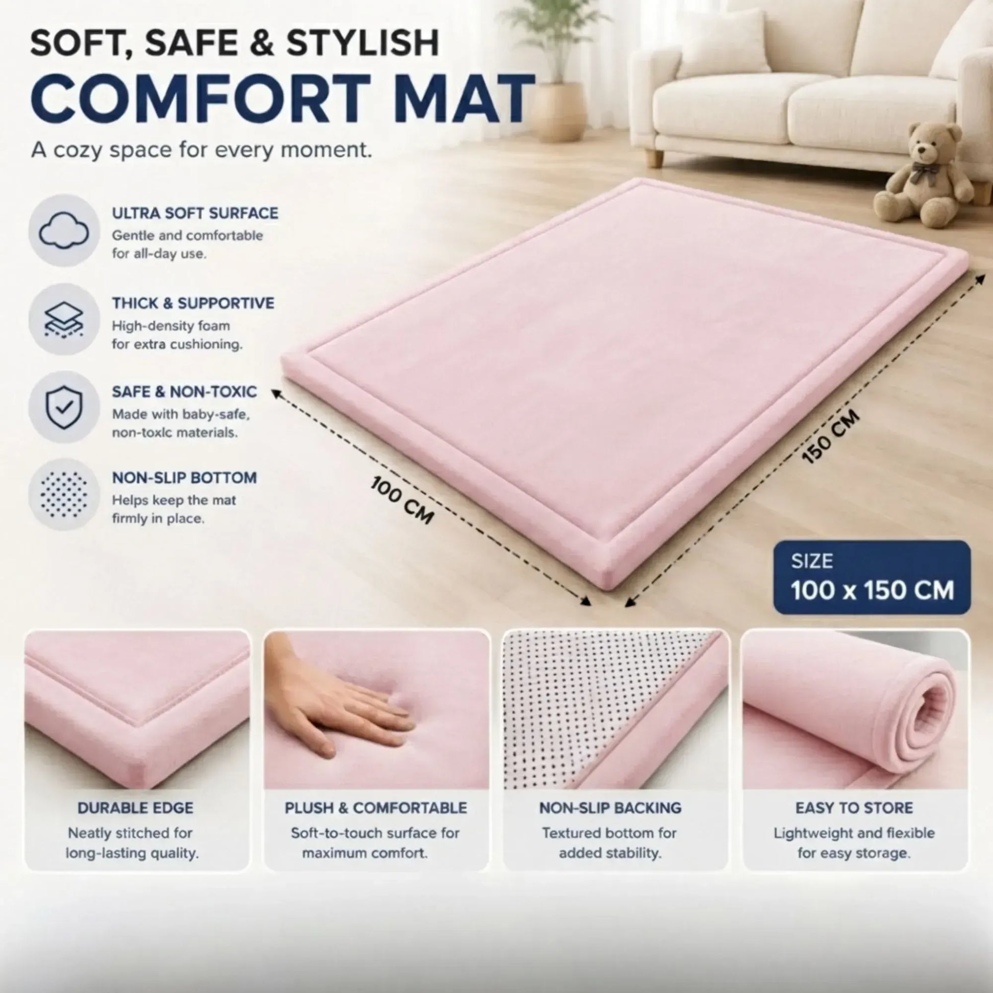CARLA HOME Baby Play Mat 100x150cm, Thick Foam Crawling Mat, Infants, Pink - Image 4