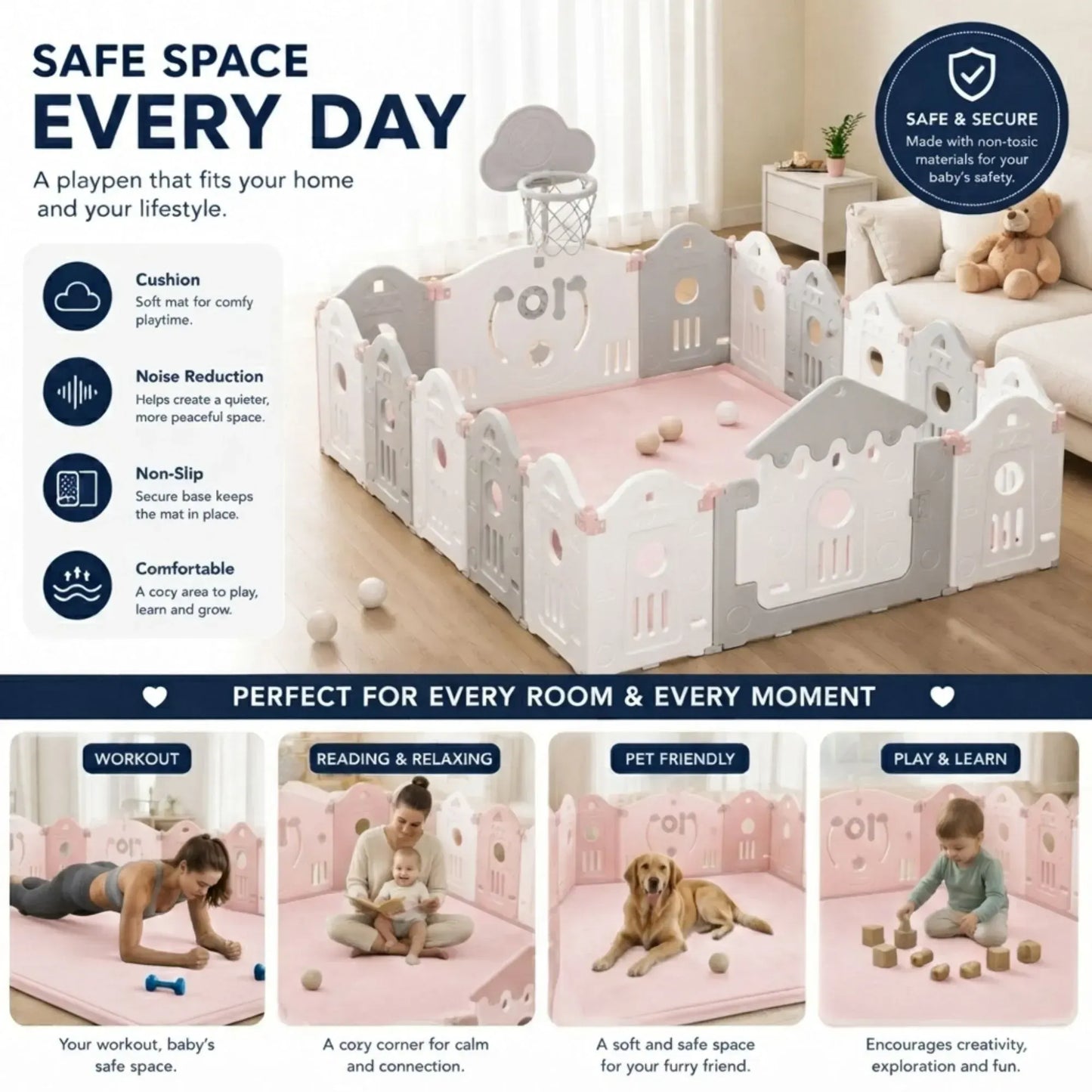 CARLA HOME Baby Play Mat 150x200cm, Thick Foam Crawling Mat, Infants, Pink - Image 5