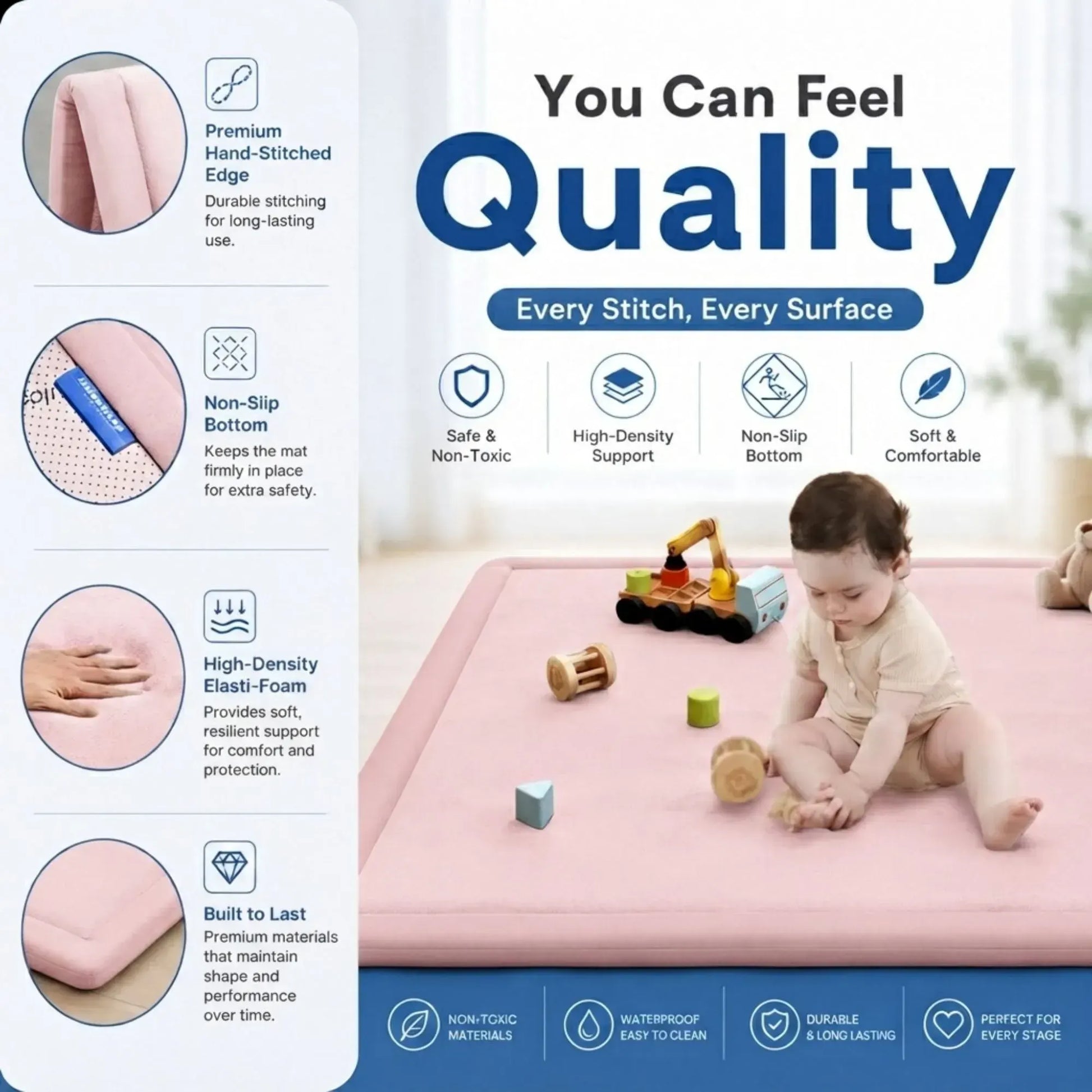 CARLA HOME Baby Play Mat 150x200cm, Thick Foam Crawling Mat, Infants, Pink - Image 6