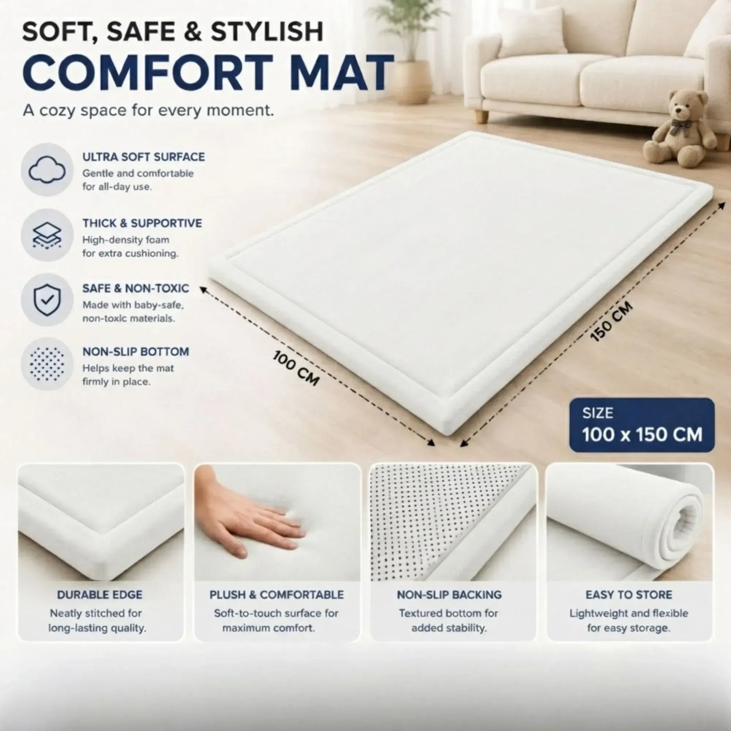 CARLA HOME Baby Play Mat 100x150cm, Thick Foam Crawling Mat, Infants, White - Image 4