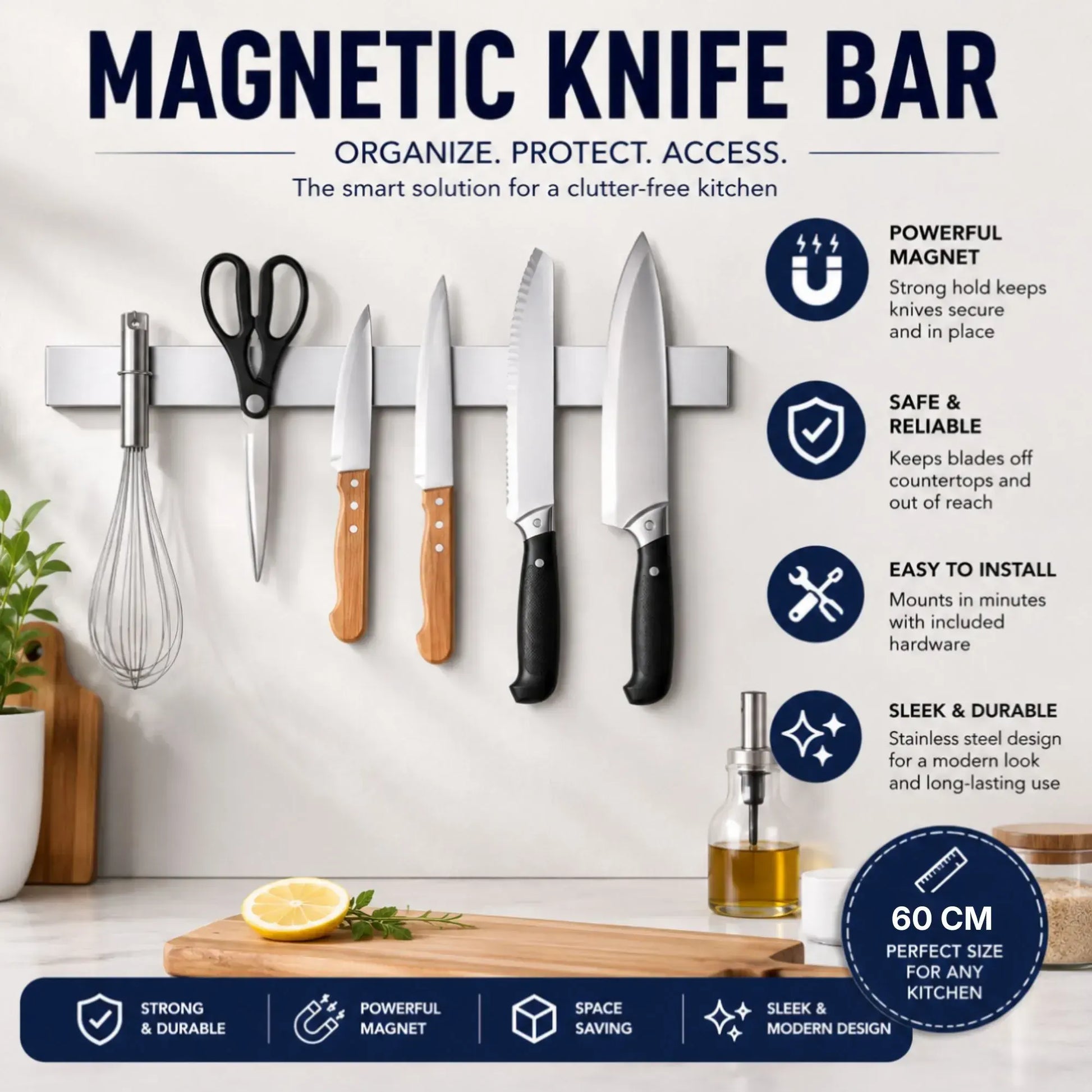 CARLA HOME Magnetic Knife Strip 60cm, Premium Stainless Steel Wall Rack Kitchen - Image 3