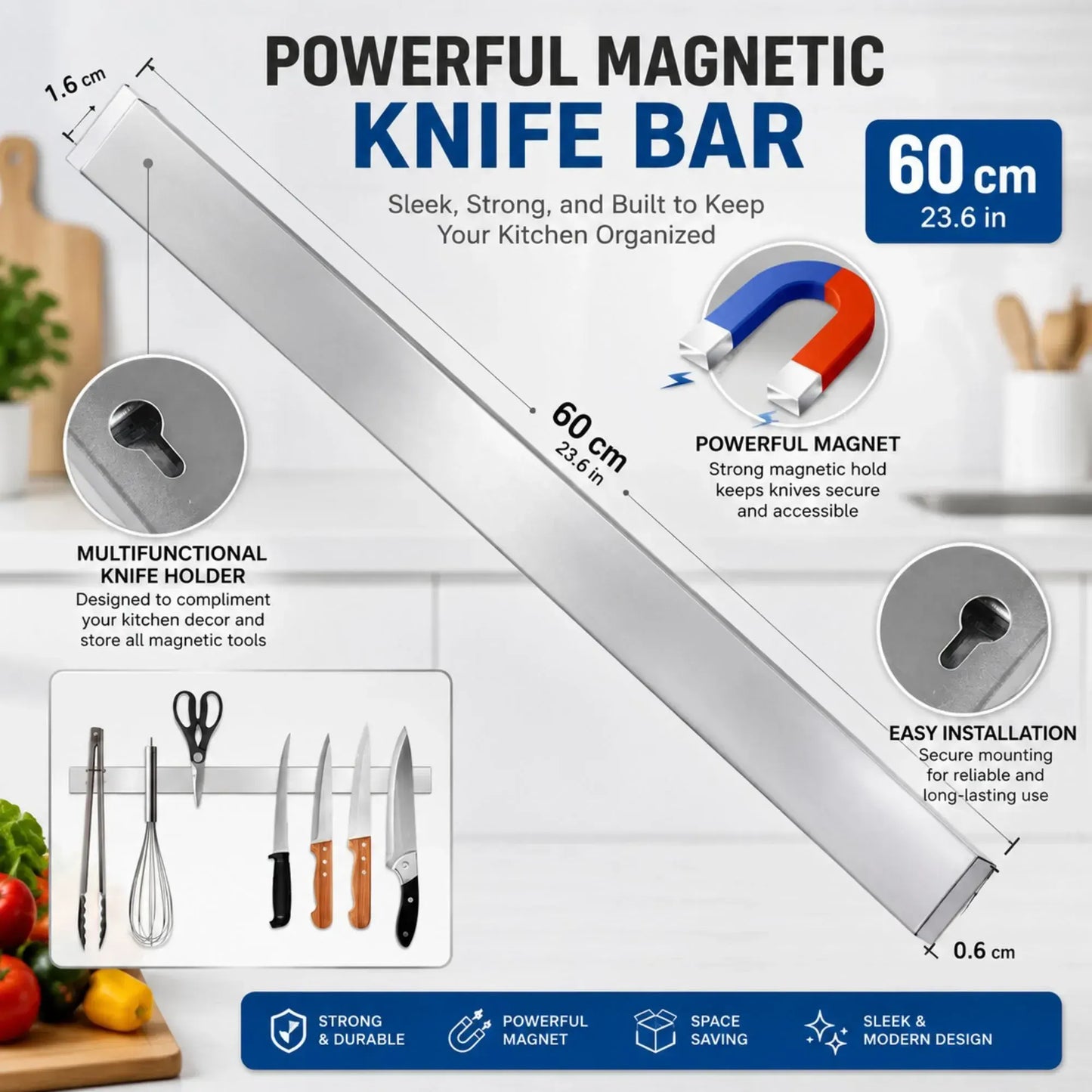 CARLA HOME Magnetic Knife Strip 60cm, Premium Stainless Steel Wall Rack Kitchen - Image 4
