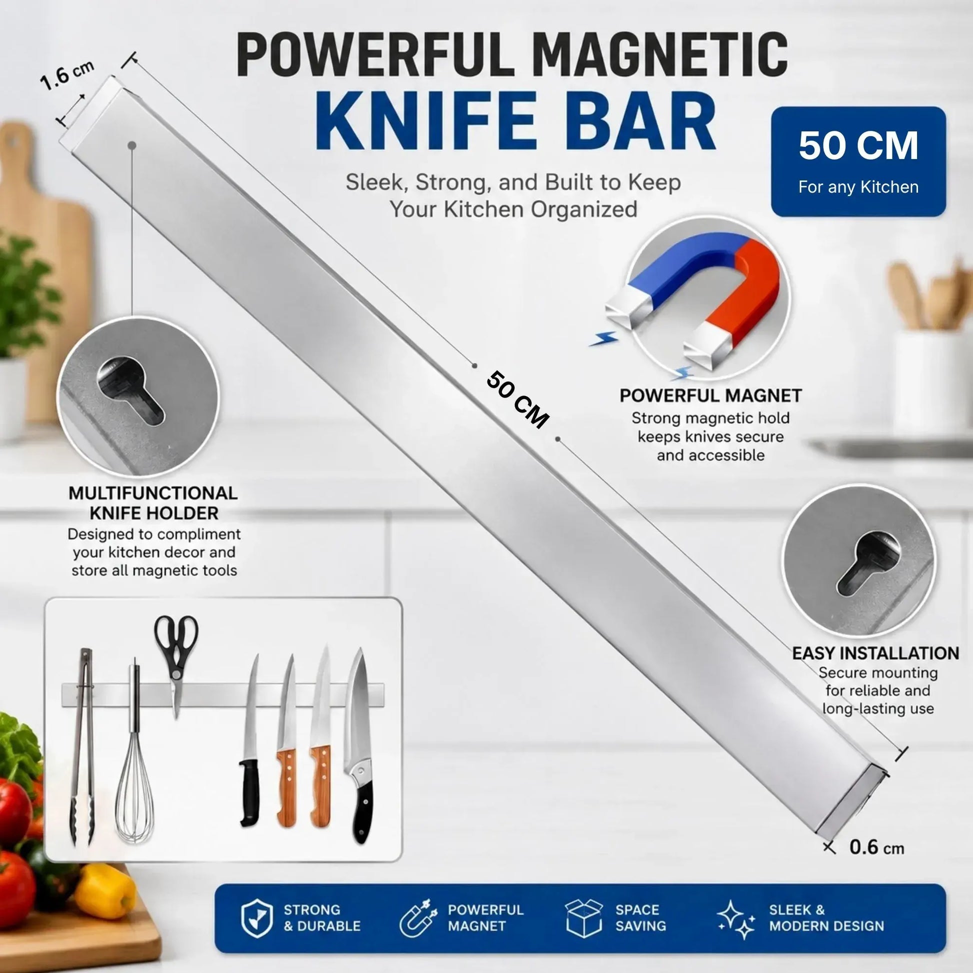 CARLA HOME Magnetic Knife Strip 50cm, Premium Stainless Steel Wall Rack Kitchen - Image 4