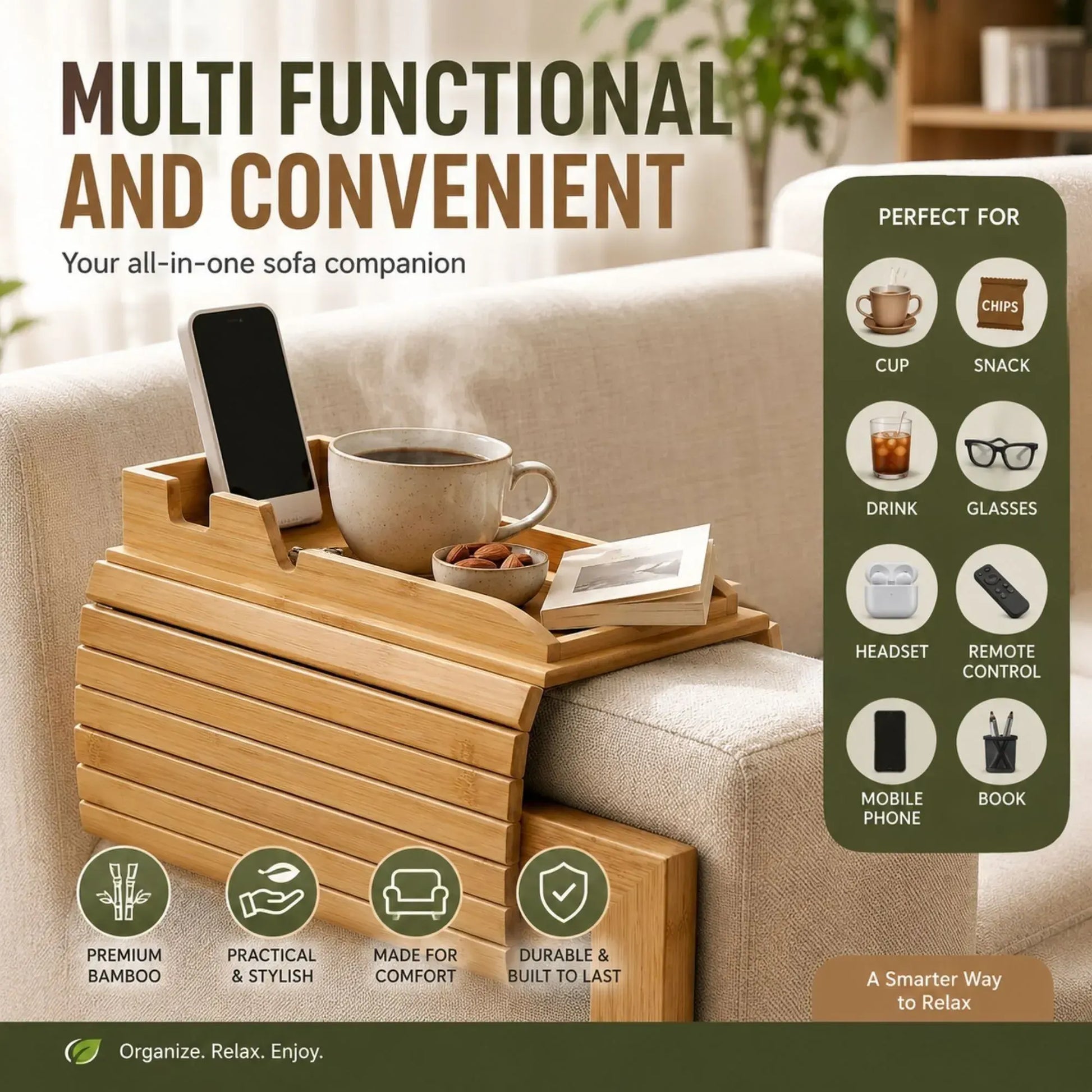 CARLA HOME Bamboo Sofa Armrest Tray, Couch Arm Table, Non-Slip Tray Table - Image 2