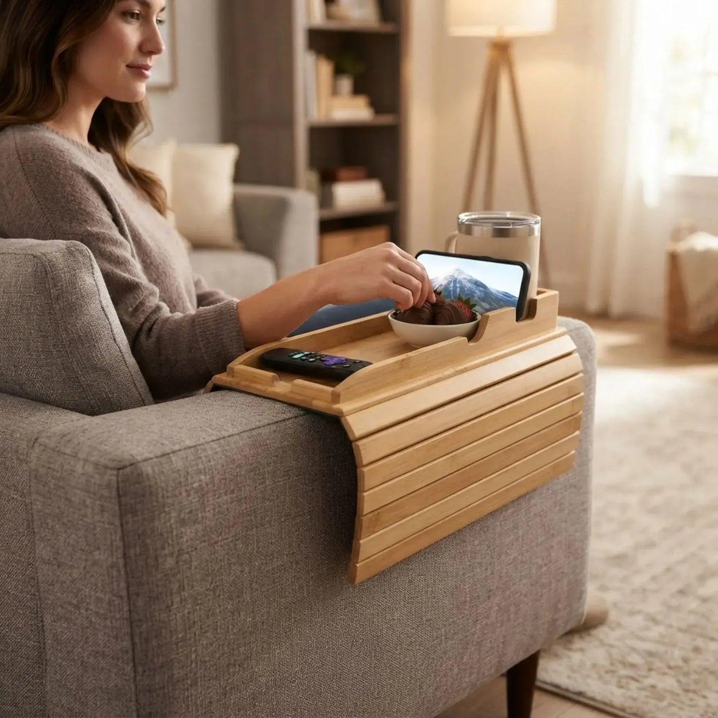 CARLA HOME Bamboo Sofa Armrest Tray, Couch Arm Table, Non-Slip Tray Table - Image 4
