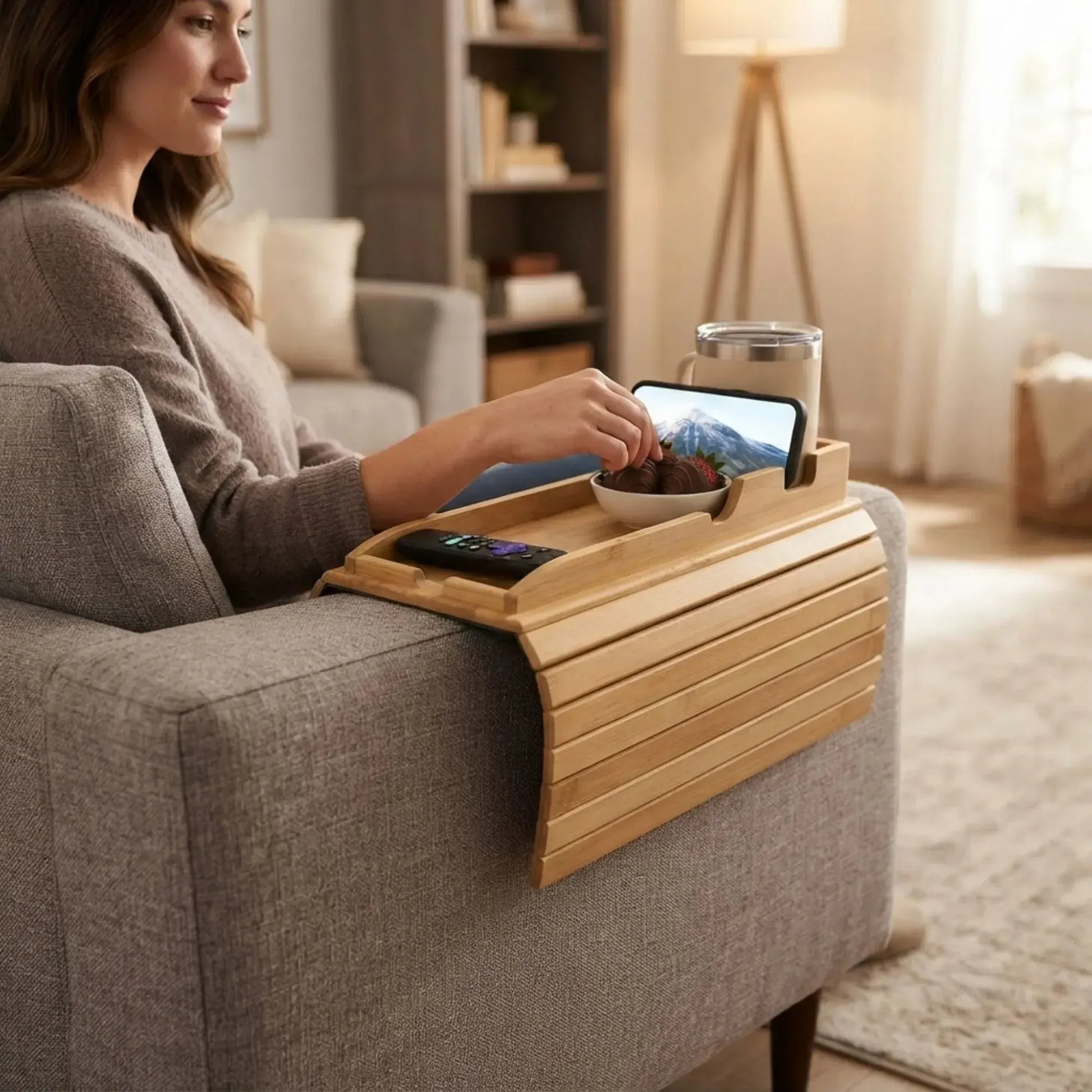 CARLA HOME Bamboo Sofa Armrest Tray, Couch Arm Table, Non-Slip Tray Table - Image 4