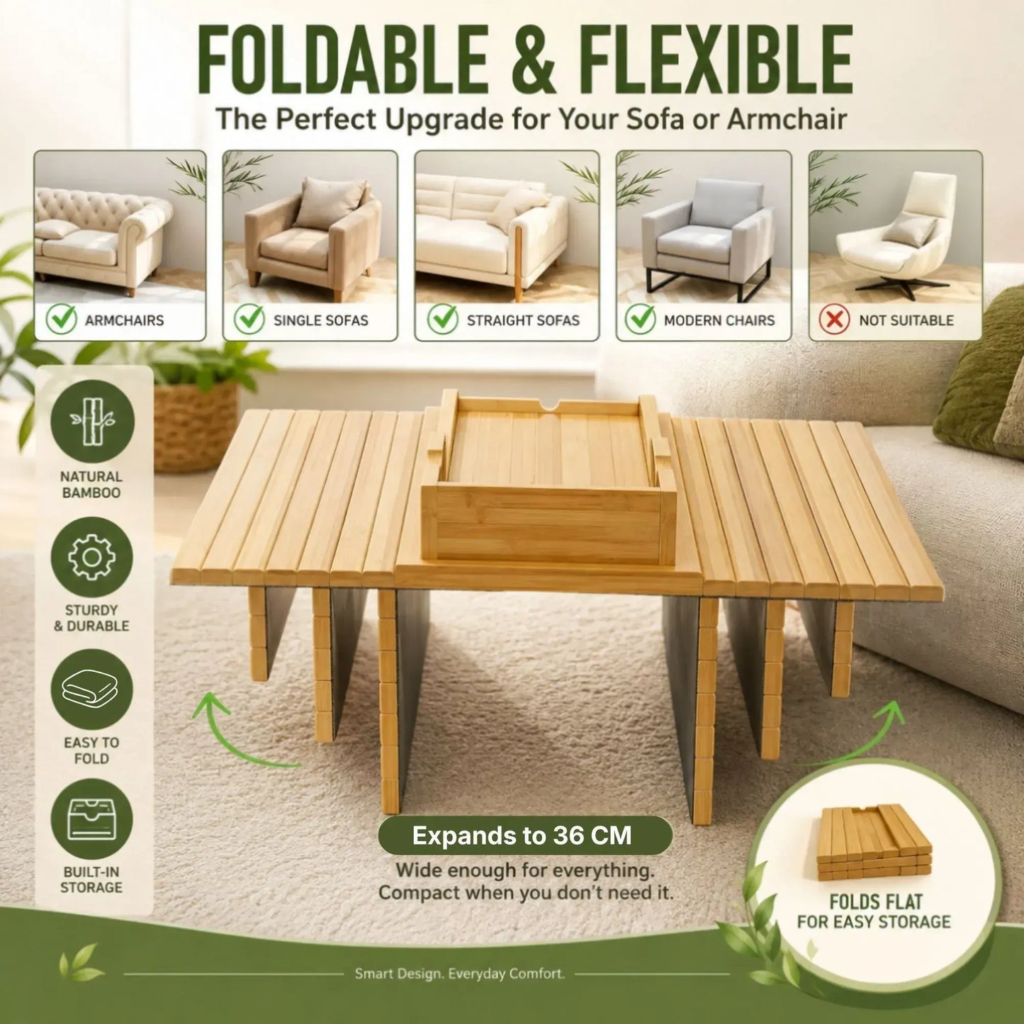 CARLA HOME Bamboo Sofa Armrest Tray, Couch Arm Table, Non-Slip Tray Table - Image 5