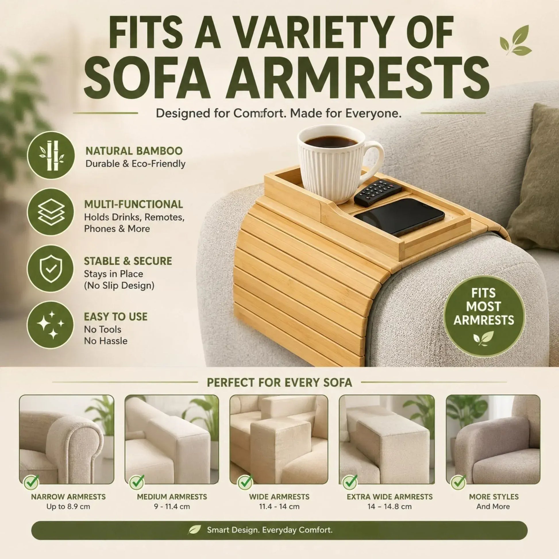 CARLA HOME Bamboo Sofa Armrest Tray, Couch Arm Table, Non-Slip Tray Table - Image 7