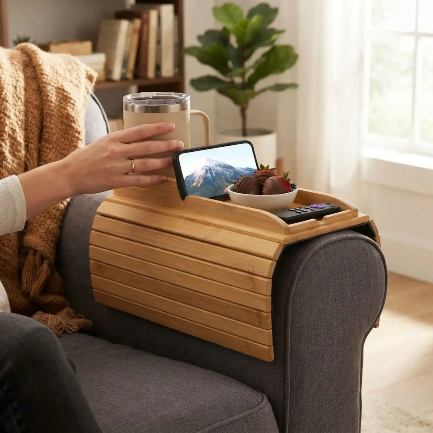 CARLA HOME Bamboo Sofa Armrest Tray, Couch Arm Table, Non-Slip Tray Table - Image 8